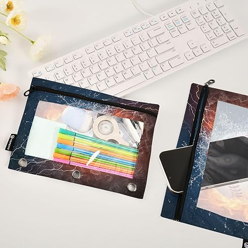 Miniatura 4 de Estuche para lápices de pelota de béisbol en fuego y agua para carpeta de 3 anillos, 2 bolsas para lápices con cremallera, estuche transparente con