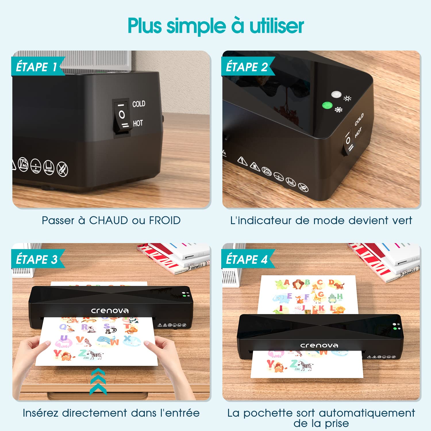 Crenova Plastifieuse A4 à Chaud et à Froid avec 10 Pochettes, Sans Bulles, Noir