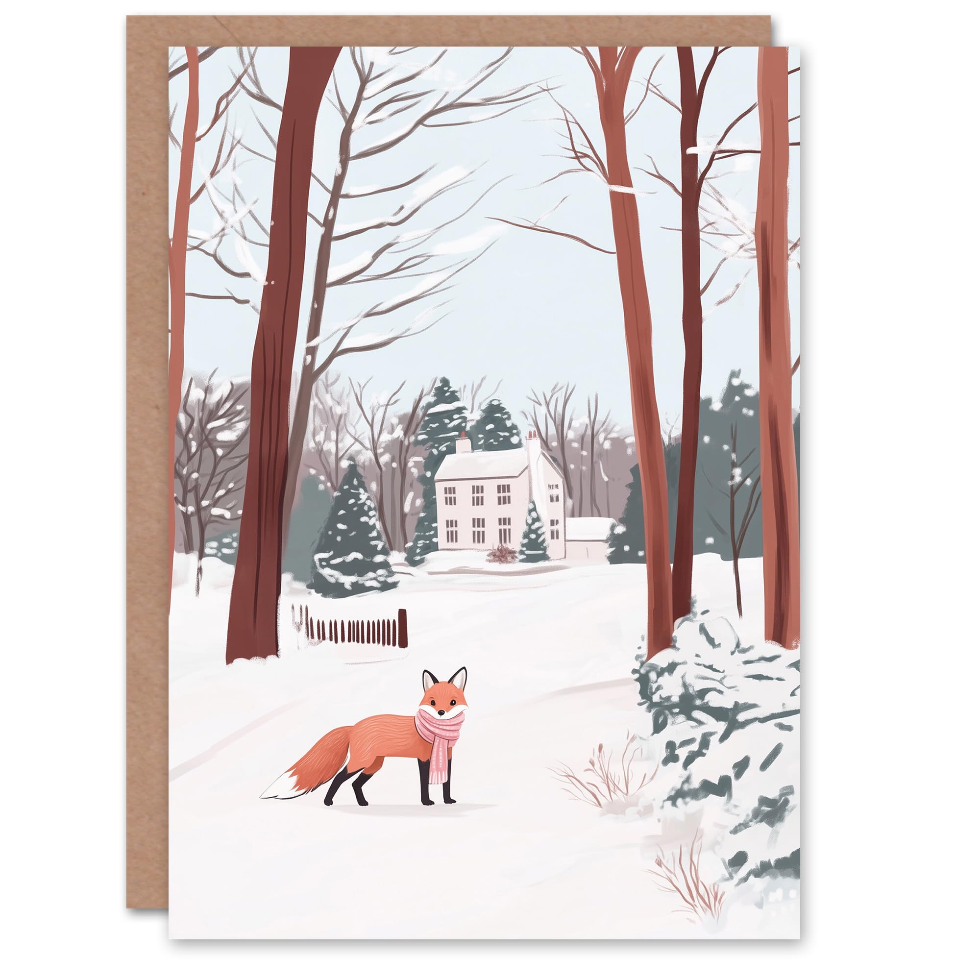 Red Fox Estate House Winter Landscape Watercolour Festive Xmas Christmas Card