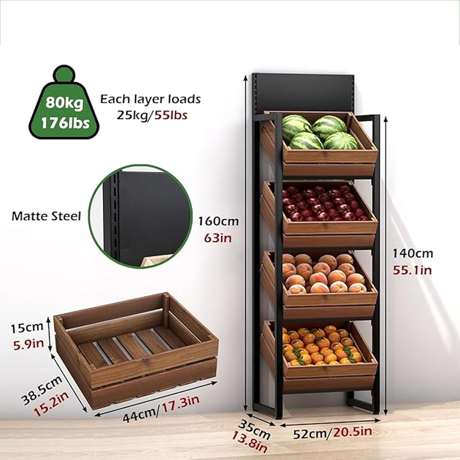 Commercial Supermarket Fruit & Vegetable Shelf 3/4 Tier, Produce Storage，Large Capacity Retail Snack Rack Display With Wood Baskets, Kitchen Onion Potato Produce(Black rack+brown box,4 tier)