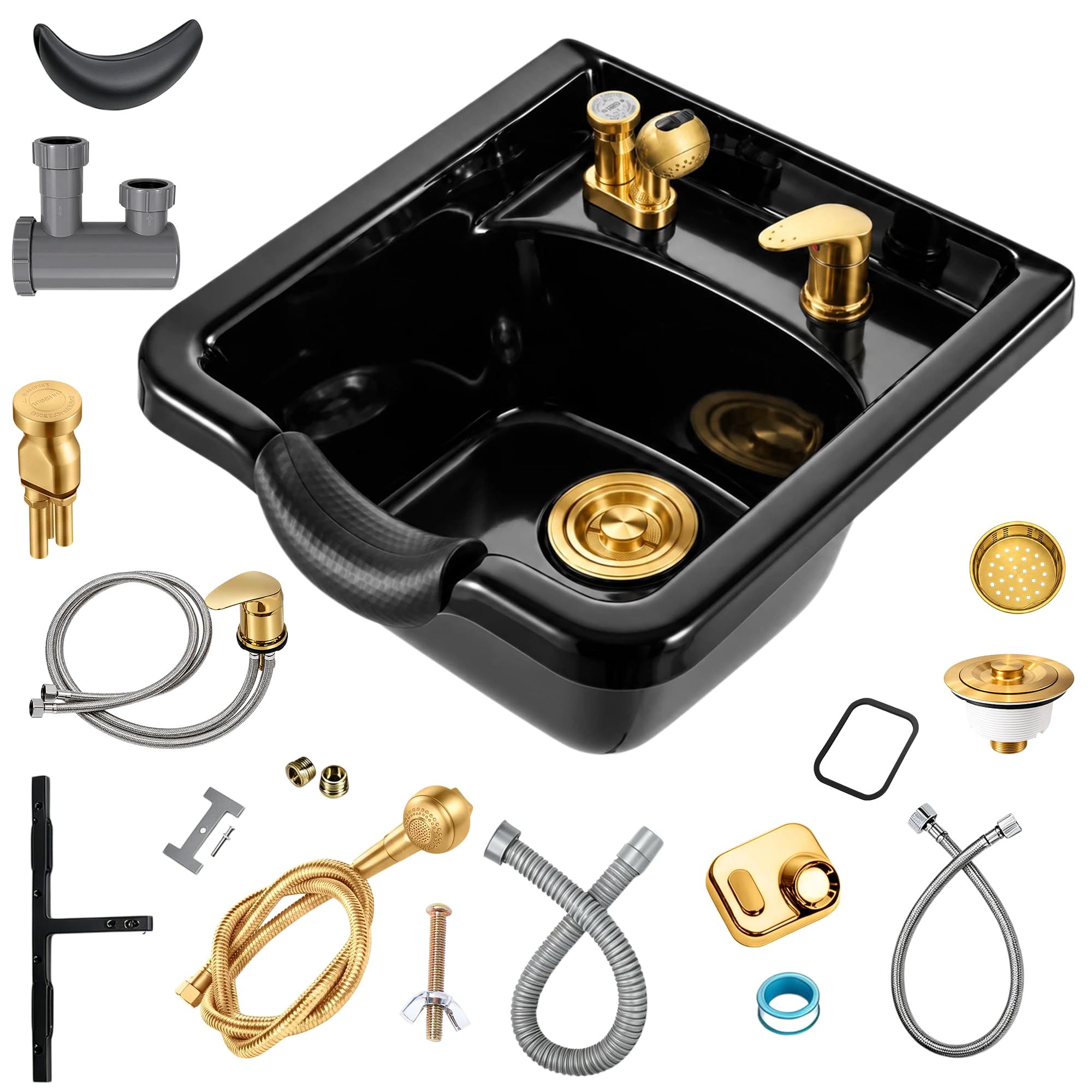 Professional Shampoo Bowl for Salons, Black ABS Plastic Shampoo Sink with Faucet for Hair Salons, Barber Stores, Beauty Salons and Home Use (Black Gold)