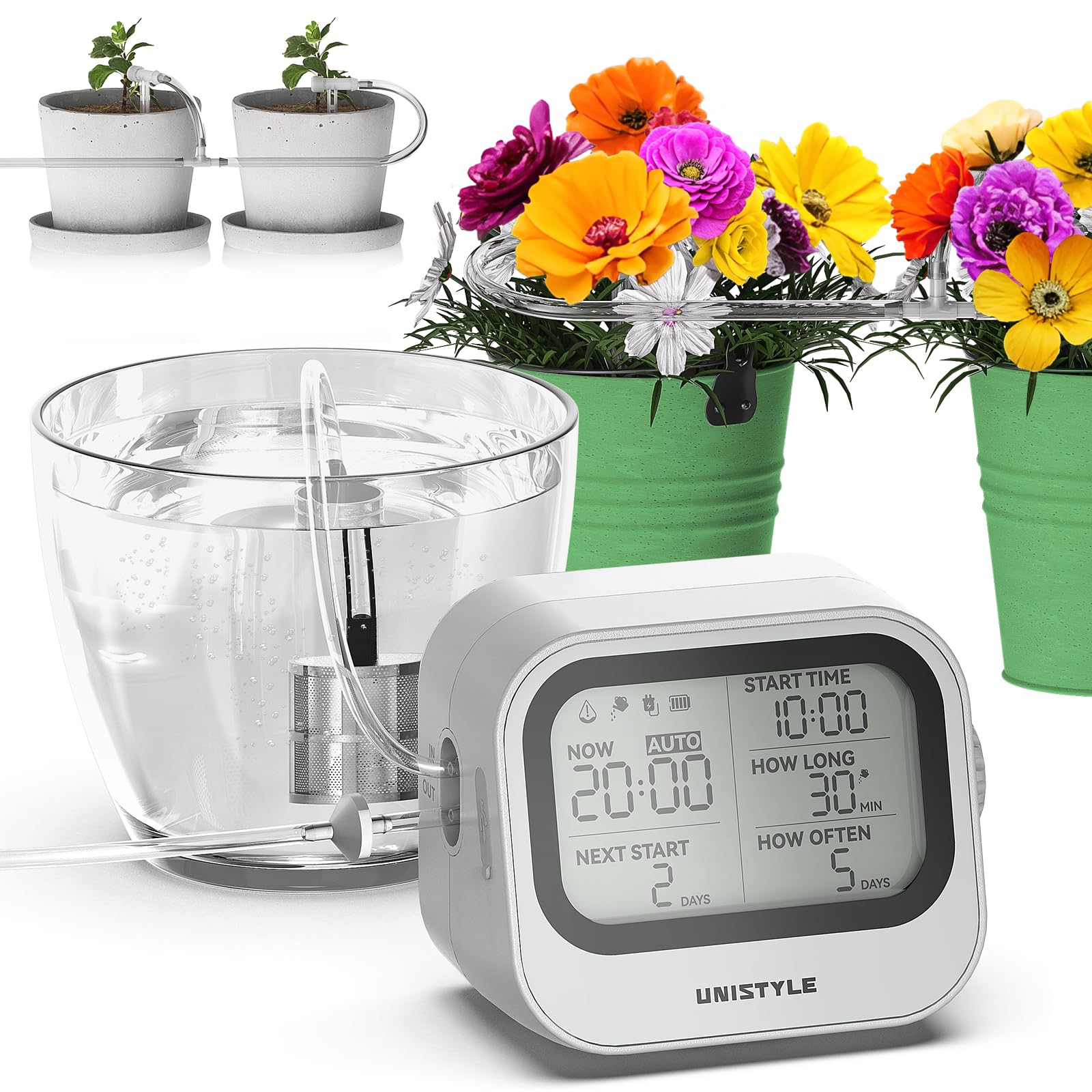 Unistyle Automatische Bewässerung, Einstellbare Wassermenge, Pflanzenbewässerung indoor, Bewässerungssystem Zimmerpflanzen, Programmierbares Tropfbewässerungsset für bis zu 10 Topfpflanzen