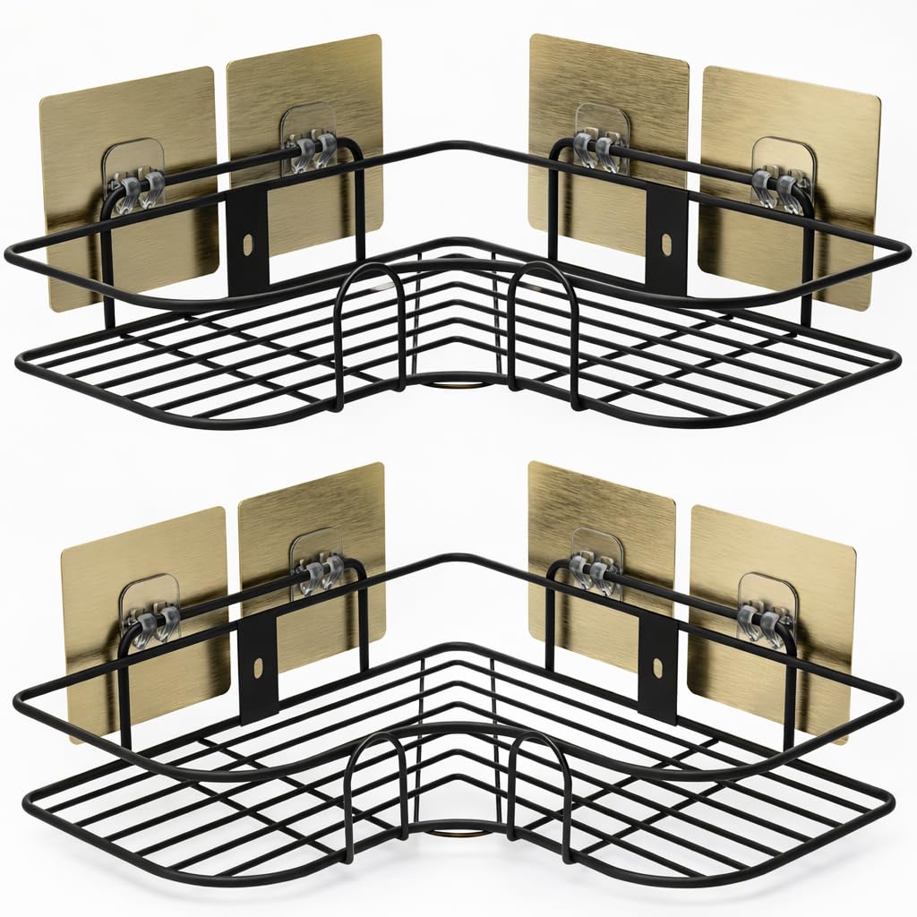 Bathroom & Kitchen Corner Storage Organizer Shelf, Wall Mounted Shower Caddy Rack, Strong Adhesive No Drilling, Black (Pack of 2)