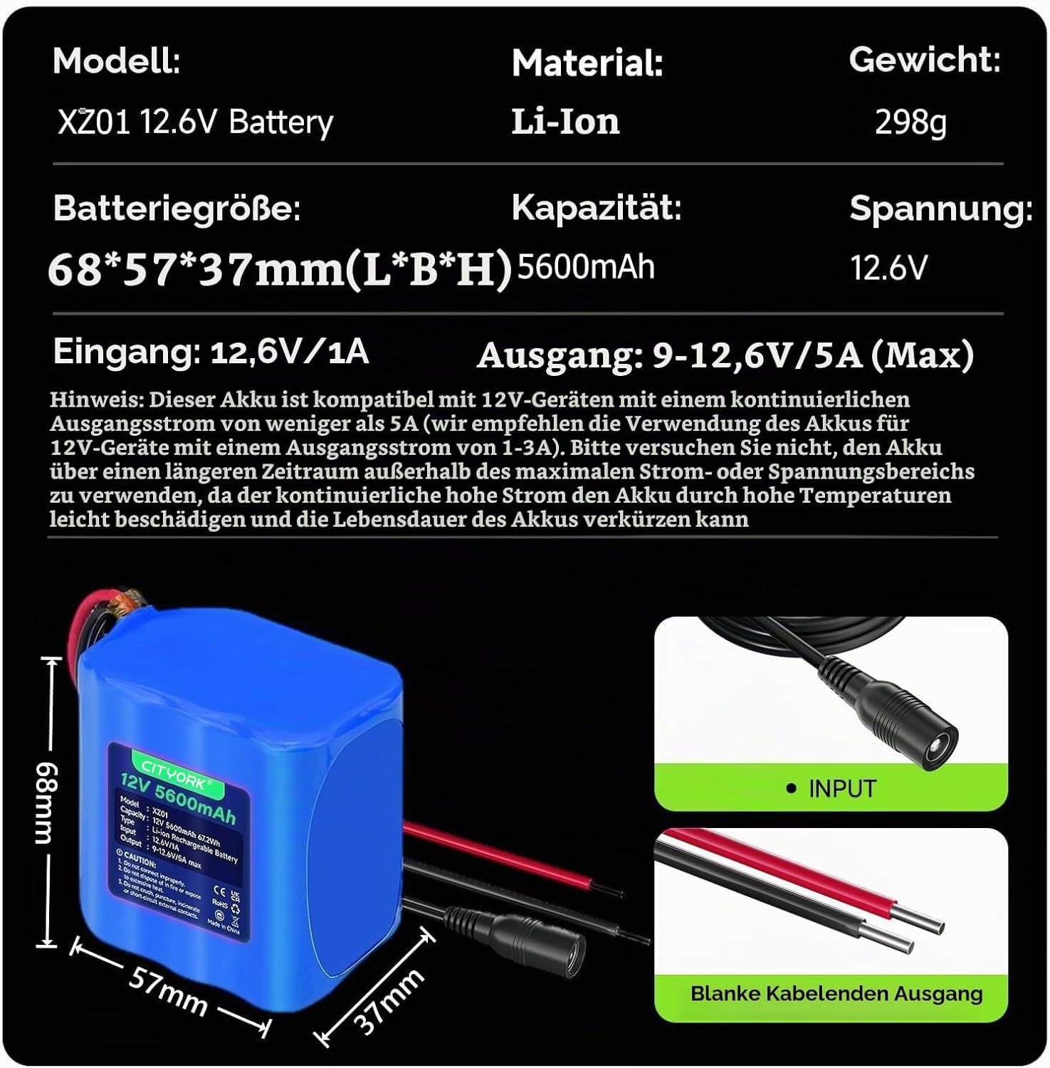 CITYORK 12V 5600mAh Batteria agli ioni di litio ricaricabile per telecamere CCTV, videocamere, lettori MP3, strisce LED e altro ancora