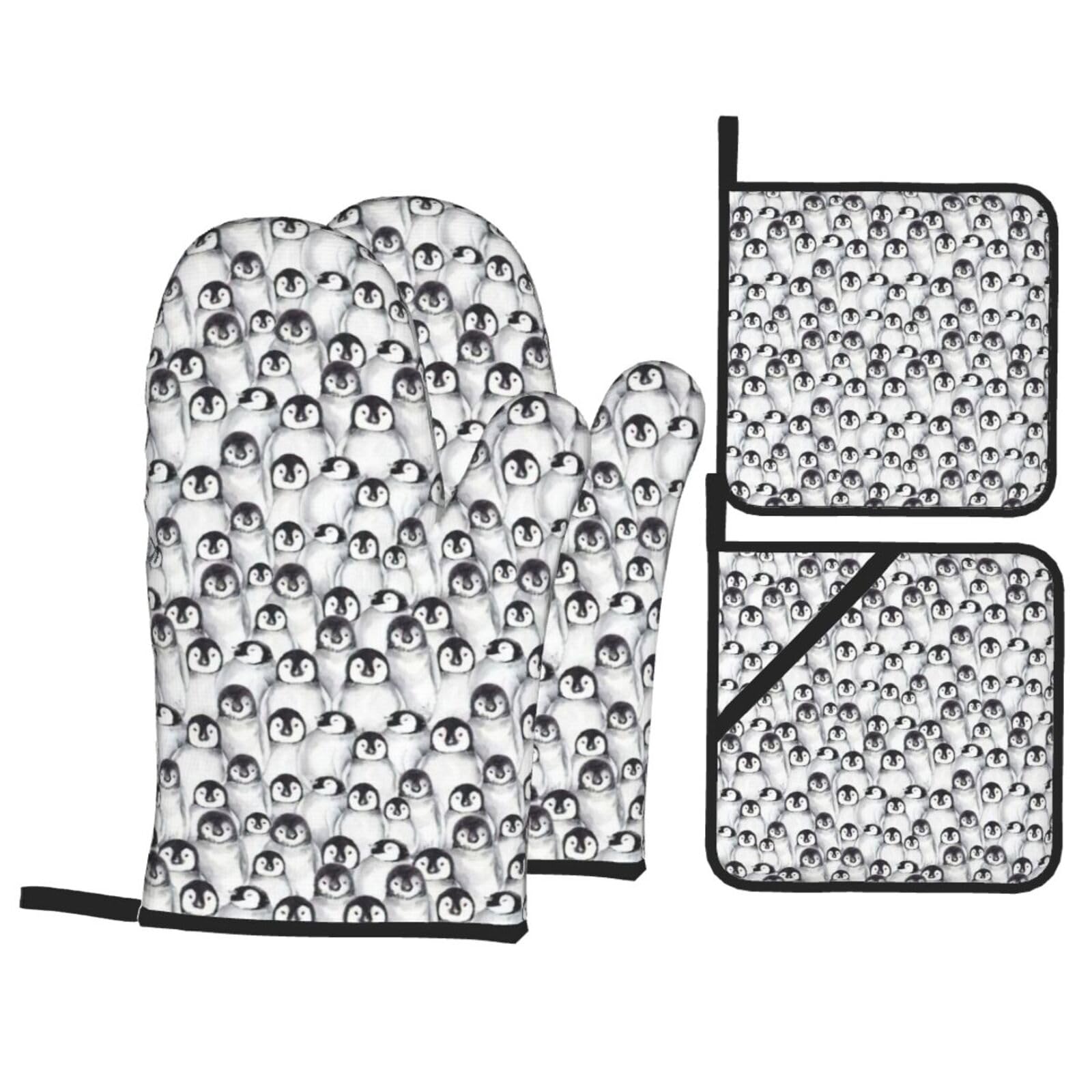Cute Baby Penguins Sketch Print Kitchen Oven Mitts And Pot Holders Set,Hanging Loop Design For Cooking Baking Bbq