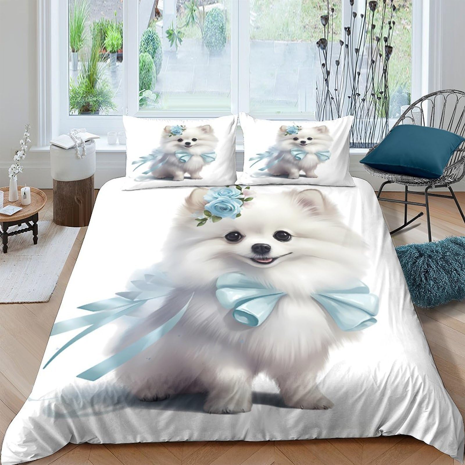 Ctjqhvkz Style-4 3D Printed White Pomeranian Dog Fitted Sheet Microfiber Soft Blue Bow Bed Cover For Bedroom Guest Room Decor Single（135X200cm）