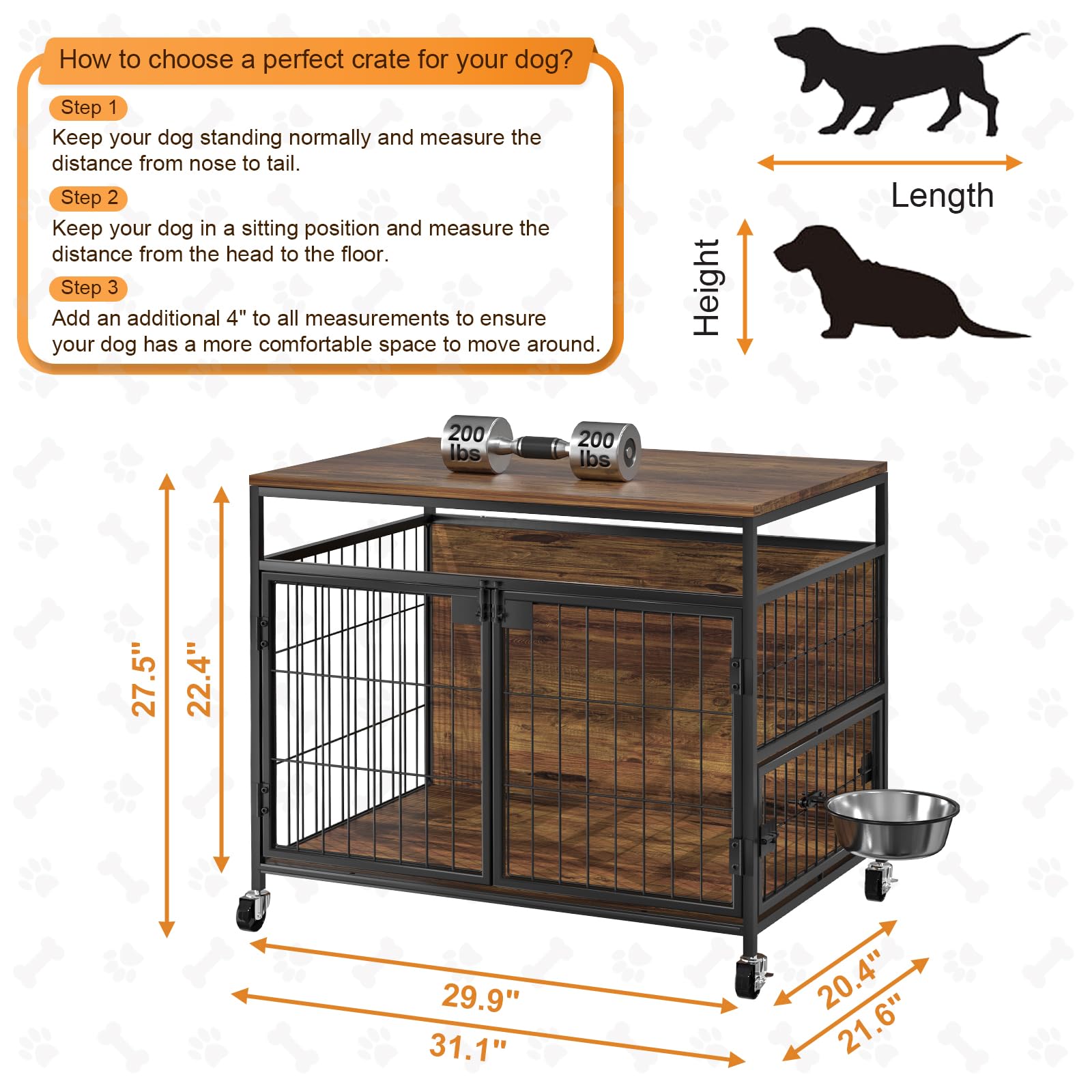 Hundekäfig mit Rädern, Robuster Beistelltisch aus Holz, Hundebox für den Innenbereich für Kleine/Mittelgroße Hunde, Doppeltüren und um 360 Grad Drehbarer Edelstahlnapf, 78,9cm L x 54,8 B x 69,8 H