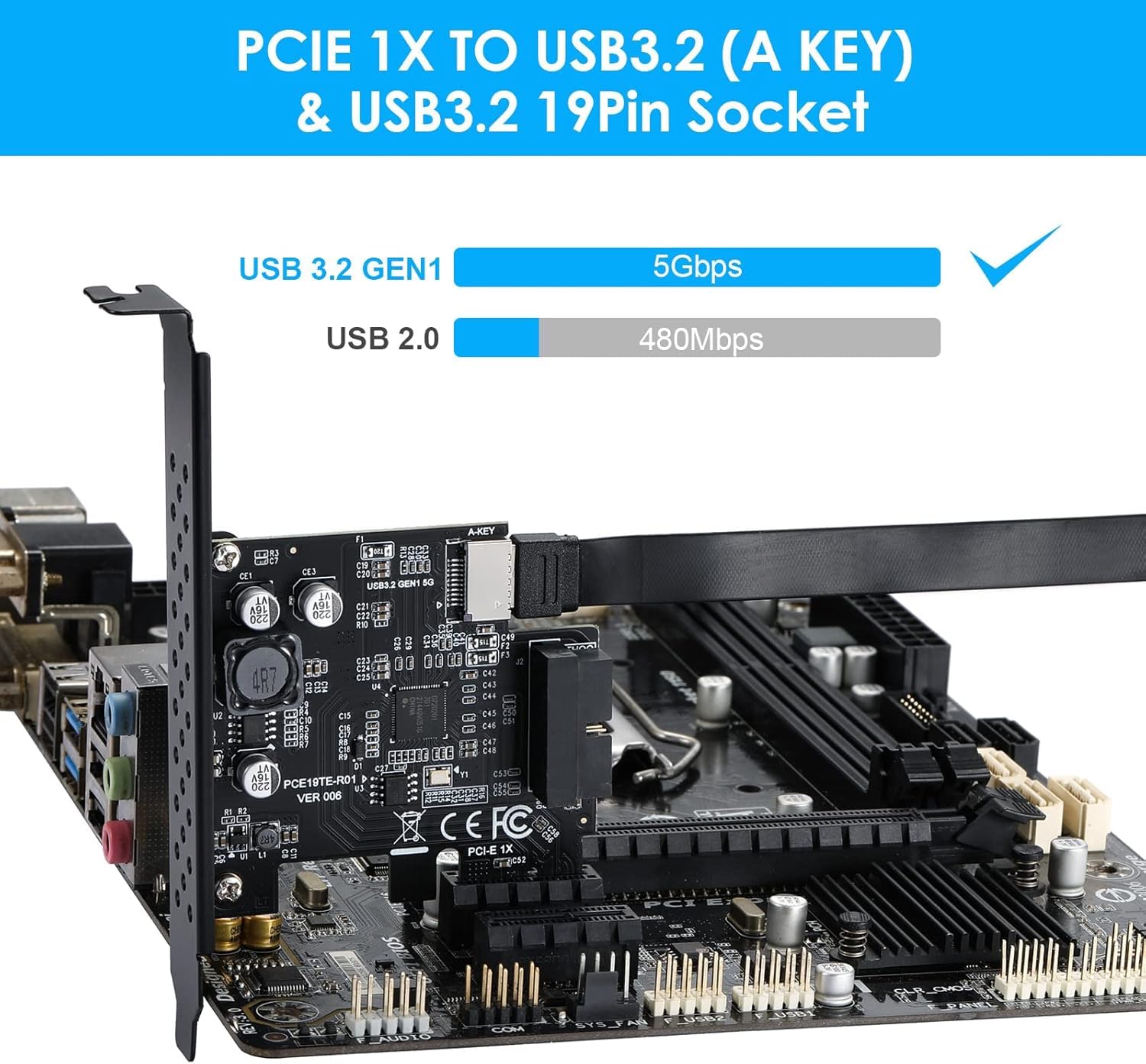 Tarjeta de Expansión PCI-E 1X, USB 3.2 Gen1 Type-E (A Key) + USB 3.0 20 Pines Cabezal del Panel Frontal, 5Gbps Adaptador para Puerto USB-C Frontal de PC de Escritorio
