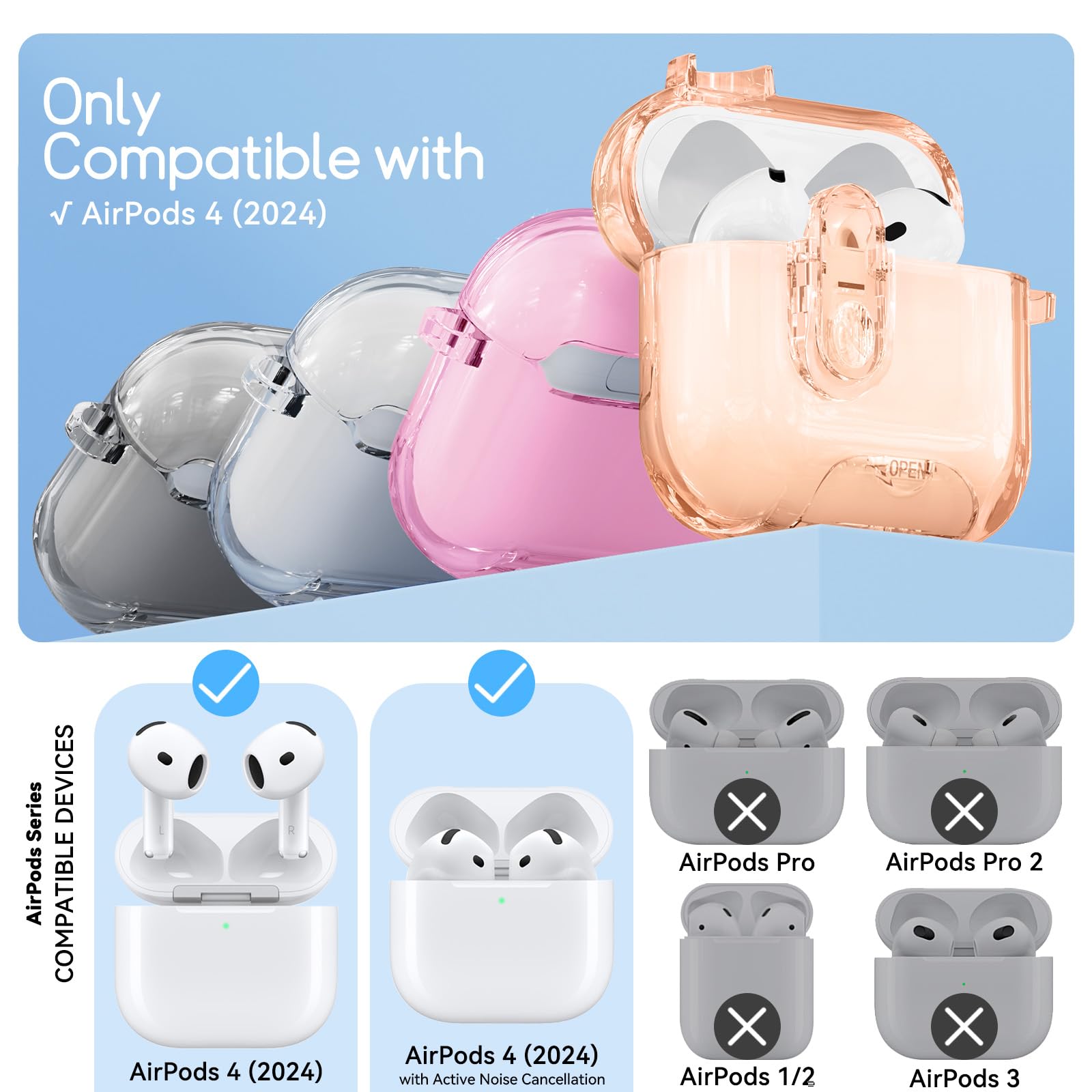with Safety Lock Compatible with Apple AirPods 4 Case 2024,Clear
