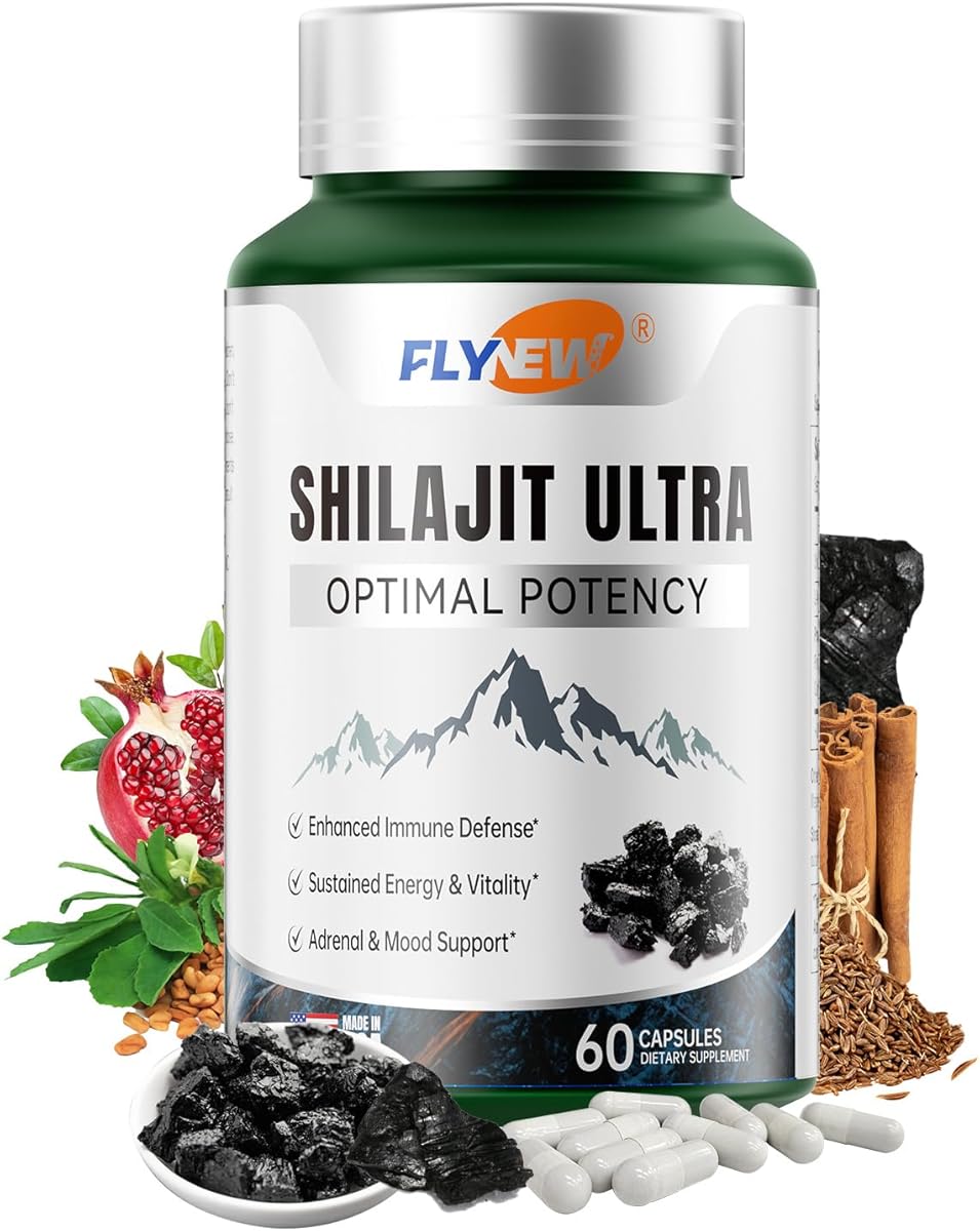 Flynew Shilajit for Men Women, Shilajit with Naturally Fulvic Acid & L-Arginine, Himalayan Shilajits for Extra Power, Stamina & Immune Support, Non-GMO, Made in USA, 60 Capsules, 1,300mg Per Serving