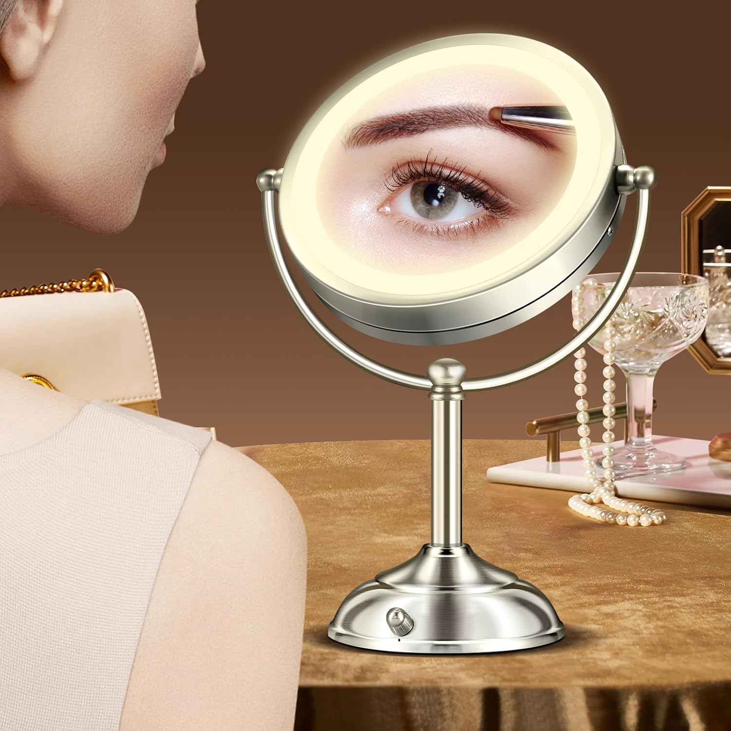 Makeup Mirror with Lights, 9" 20X Magnifying Mirror with Light and 3 Colors, Vanity Mirror with Lights and Adjustable Brightness, 2-Sided Desk Mirror with Light for Makeup, Nickel