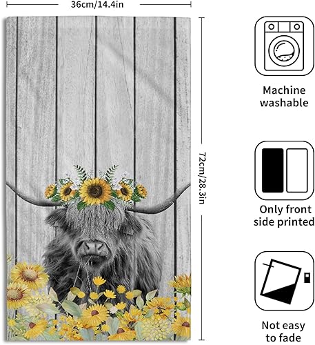 Miniatura 2 de Highland Cow - Juego de 2 toallas de mano de margaritas amarillas, suaves, absorbentes, toallas de cocina decorativas para baño, para el gimnasio de