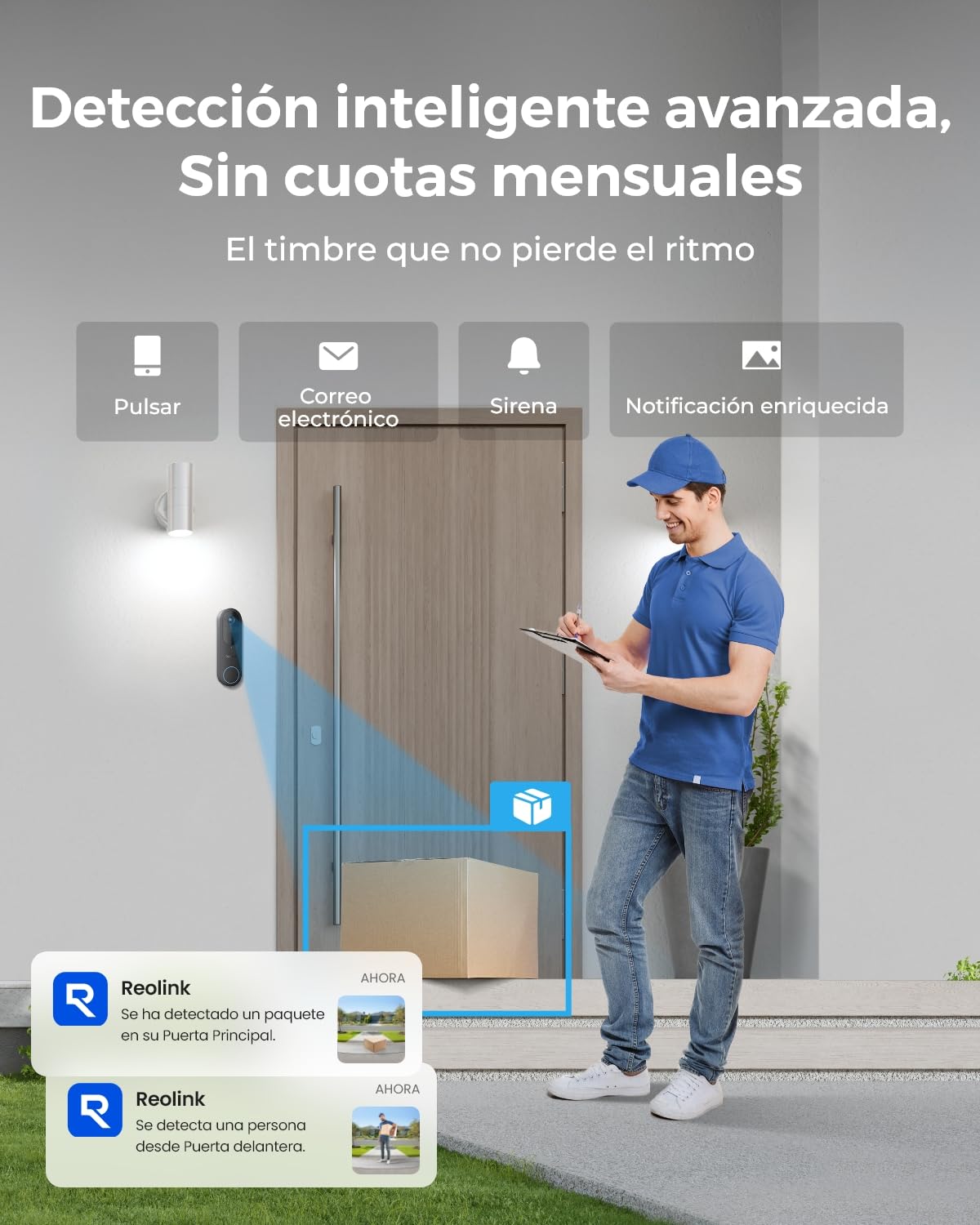 Reolink 2K Timbre Inalámbrico Exterior Impermeable con Camara, Vista de 150°x150°, 2,4/5GHz Wi-Fi, Alimentación por Batería/Cable, Detección de Persona/Vehículo/Paquete, Video Doorbell (Batería)