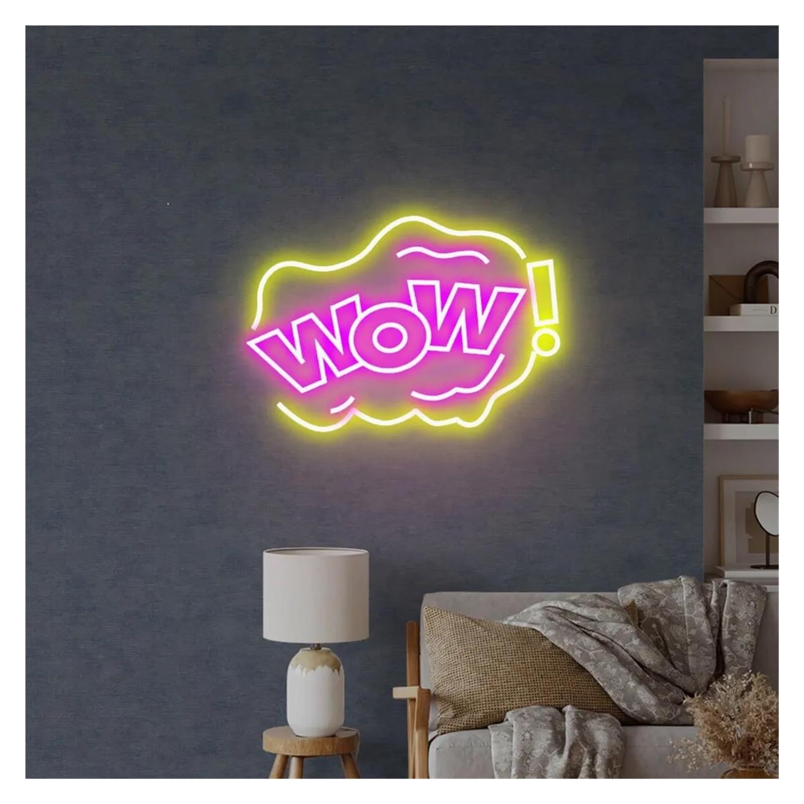 LEMST Signs Lamp Wow Neon Signs USB Powered Adjustable Brightness Wow Letter Neon Lights Suitable for Wall Hanging Decor(A,40cmx50cm)