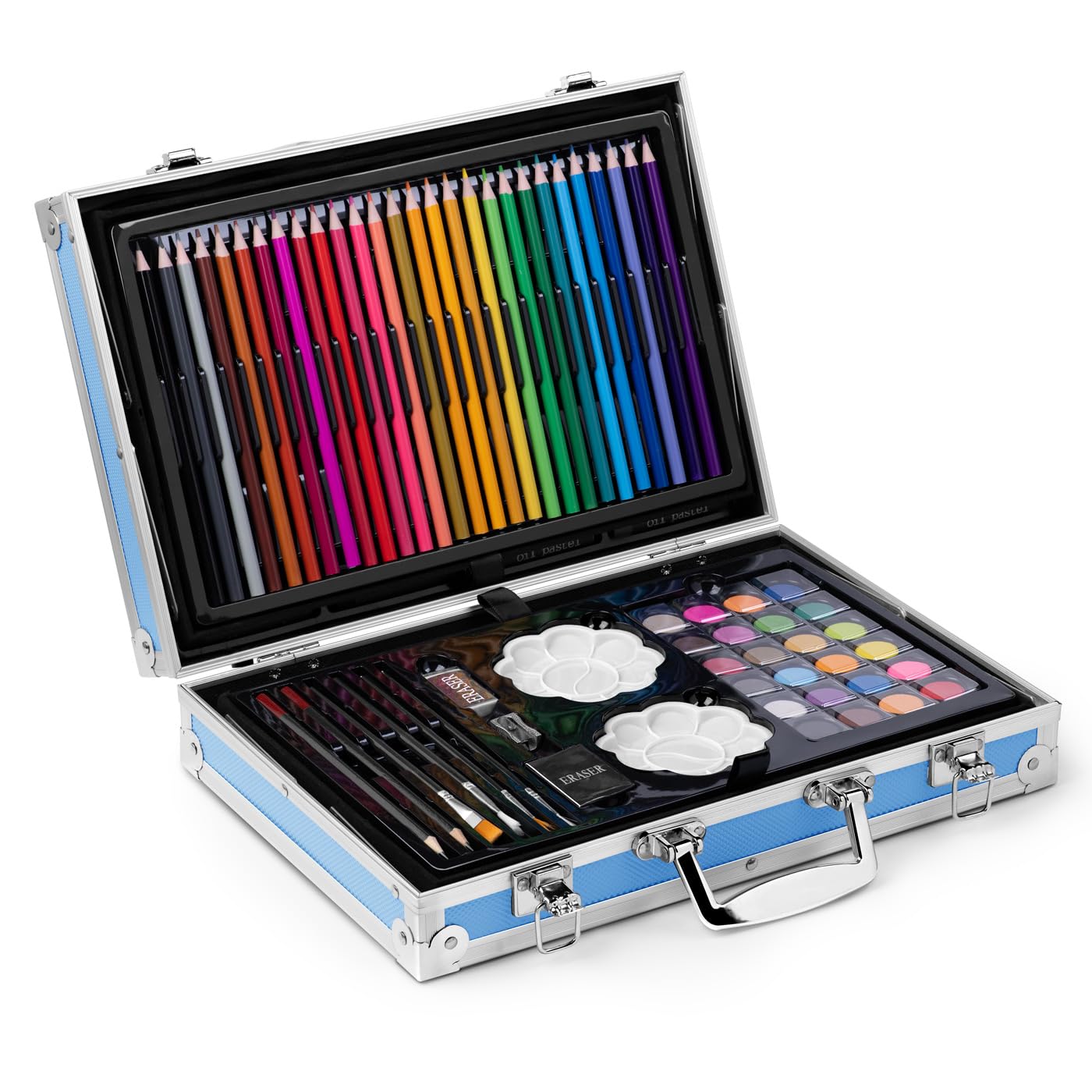 Maverton Valigetta Colori Personalizzata - Azzurra o Rosa a 2 Piani - Set Pittura e Disegno - Kit Matite Colorate Pastelli Pennarelli Colori a Matita - Regalo Bambini Compleanno