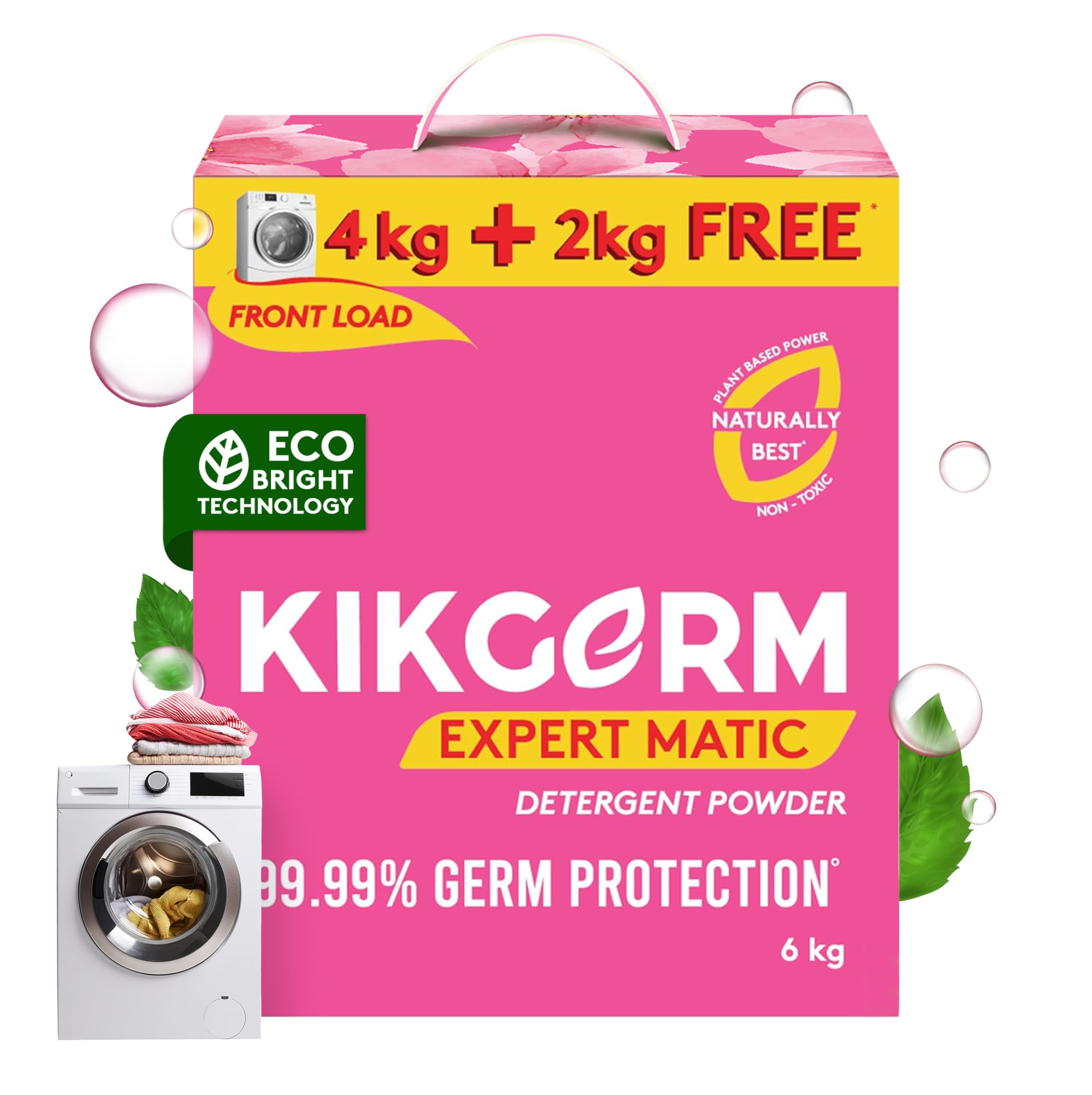 KIKGERM Front Load Detergent Powder (6 Kg) 4 Kg + 2 Kg, For Tough Stain Removal White and Coloured Clothes Plant Based No Harmful Chemicals