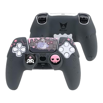 Kuitmor Silicone PS5 Controller Cover Skin Set, Anti-Slip Soft Protective Case for PS5 Wireless Controller with 2 Thumb Grip Caps and 1 Sticker (Black Kuromi)