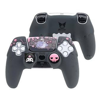 Kuitmor Silicone PS5 Controller Cover Skin Set, Anti-Slip Soft Protective Case for PS5 Wireless Controller with 2 Thumb Grip Caps and 1 Sticker Black Kuromi