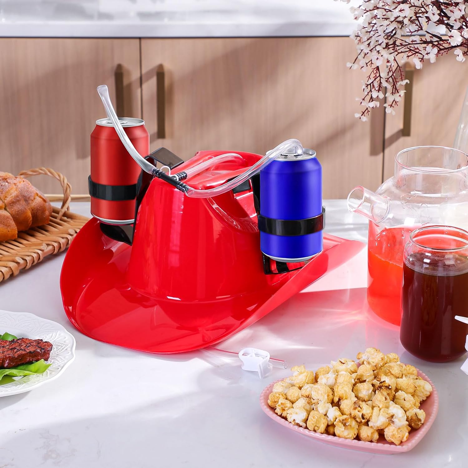 Jenaai 2 Pcs Juice Helmet Soda Hat with Straw Cowboy Soda Hat Beverage Holder for Adult Juice Party