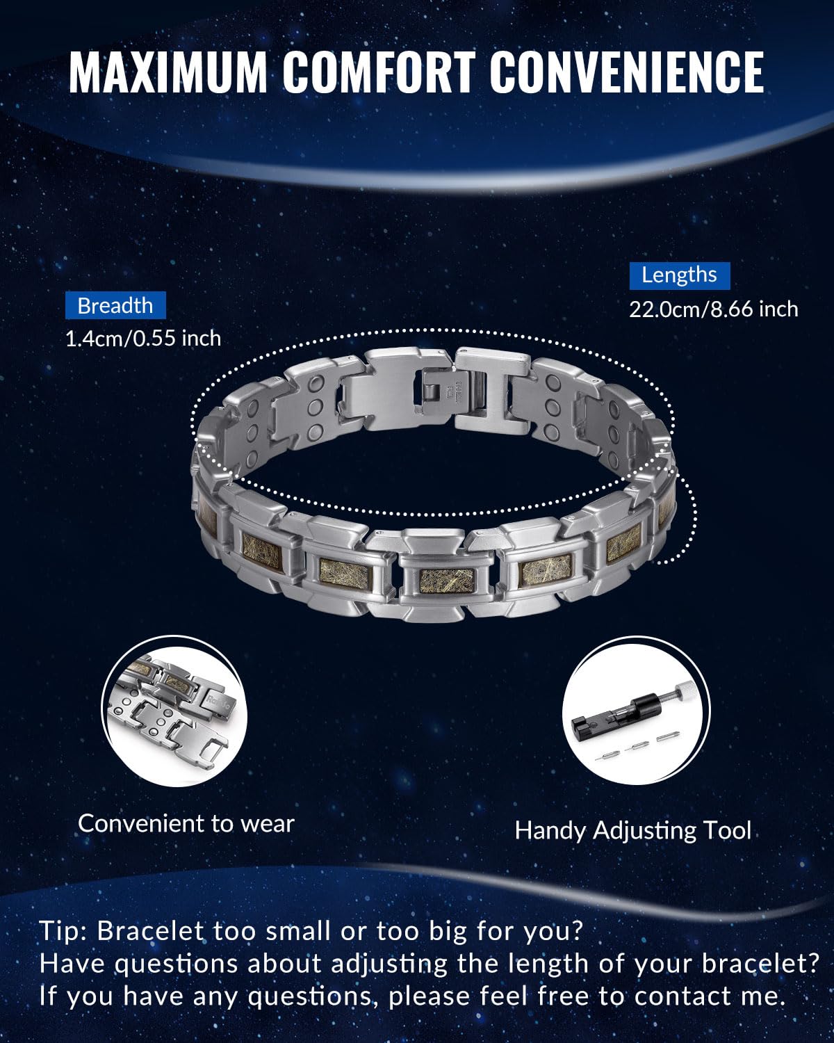 RainSo Bracelet magnétique pour homme, bracelet magnétique à trois rangs en acier inoxydable avec fermoir Scorpion, livré avec un outil de retrait de maillons gratuit (argent et champagne)