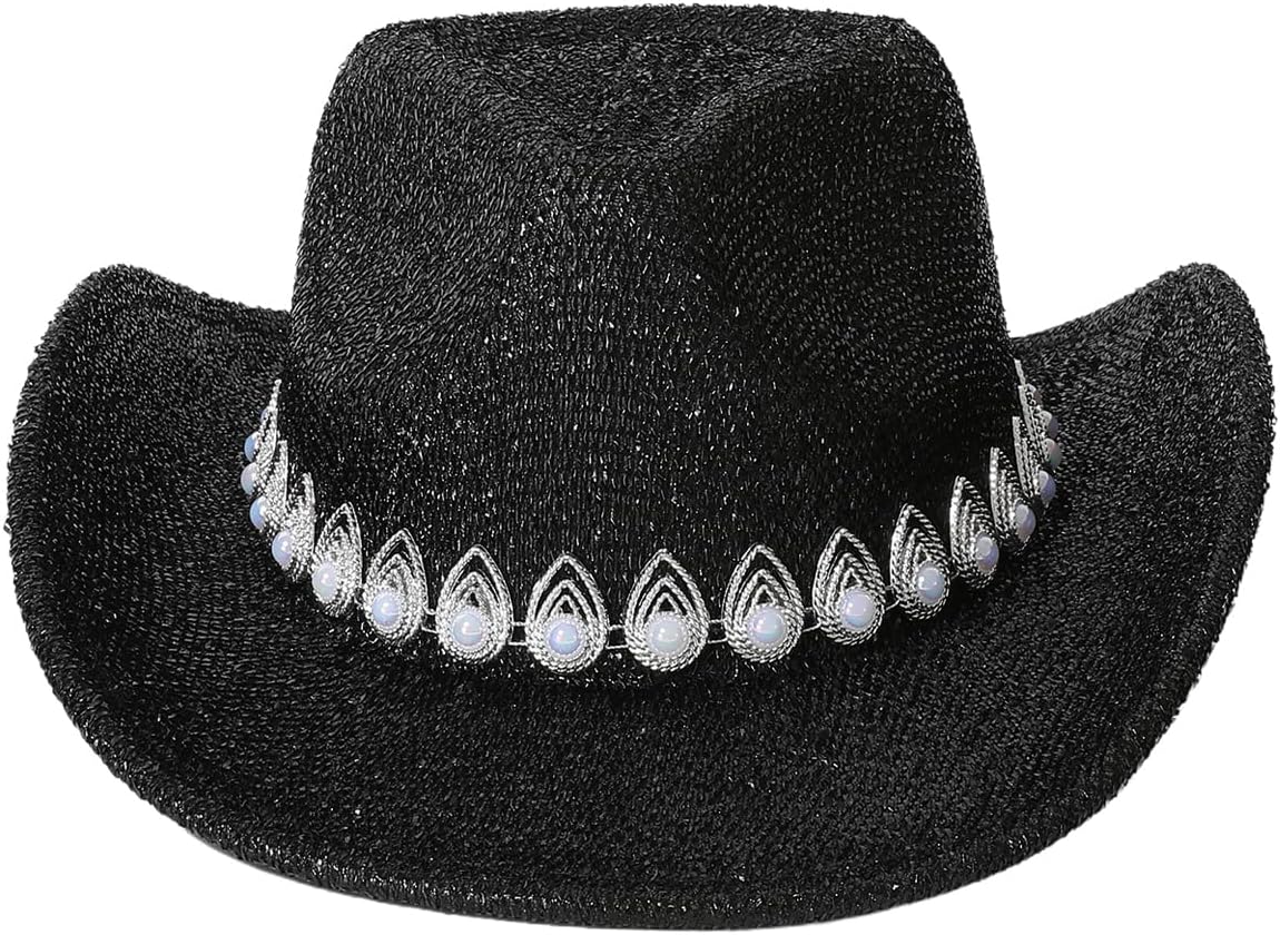 QWINEE Women's Rhinestone Cowboy Hat Wide Brim Western Costume Party Cowgirl Hat