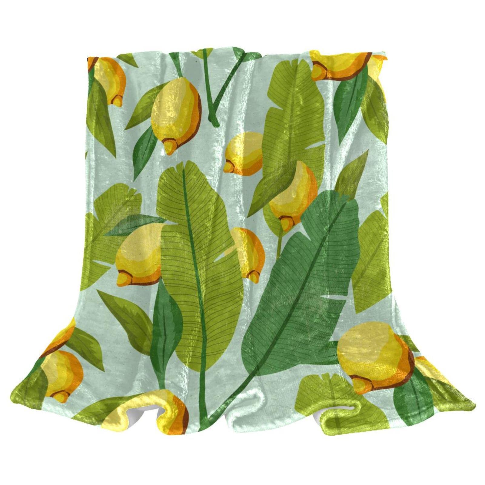 Jeté de lit en polaire imprimé feuilles de palmier vertes et citrons jaunes 240g/m²