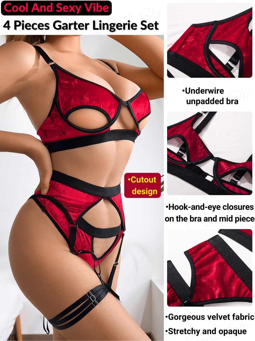 Kaei&Shi Strappy Lingerie Garter Set,Sexy Valentines Outfit for Women Naughty,Lenceria Para Mujer Honeymoon Boudoir,Red Velvet,XX-Large - Image 2