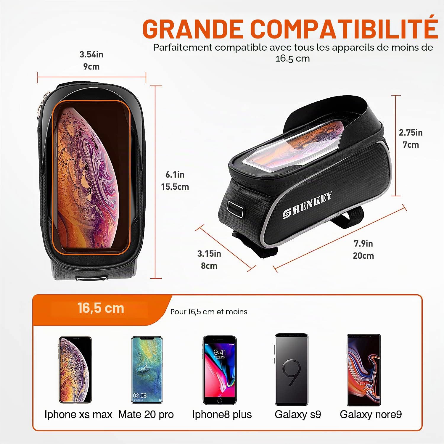 Sacoche de Cadre vélo, Support Telephone Vélo Etanche Sacoche VTT Cadre Pochette Velo Guidon Écran Tactile pour Smartphone sous 6,5 Pouces