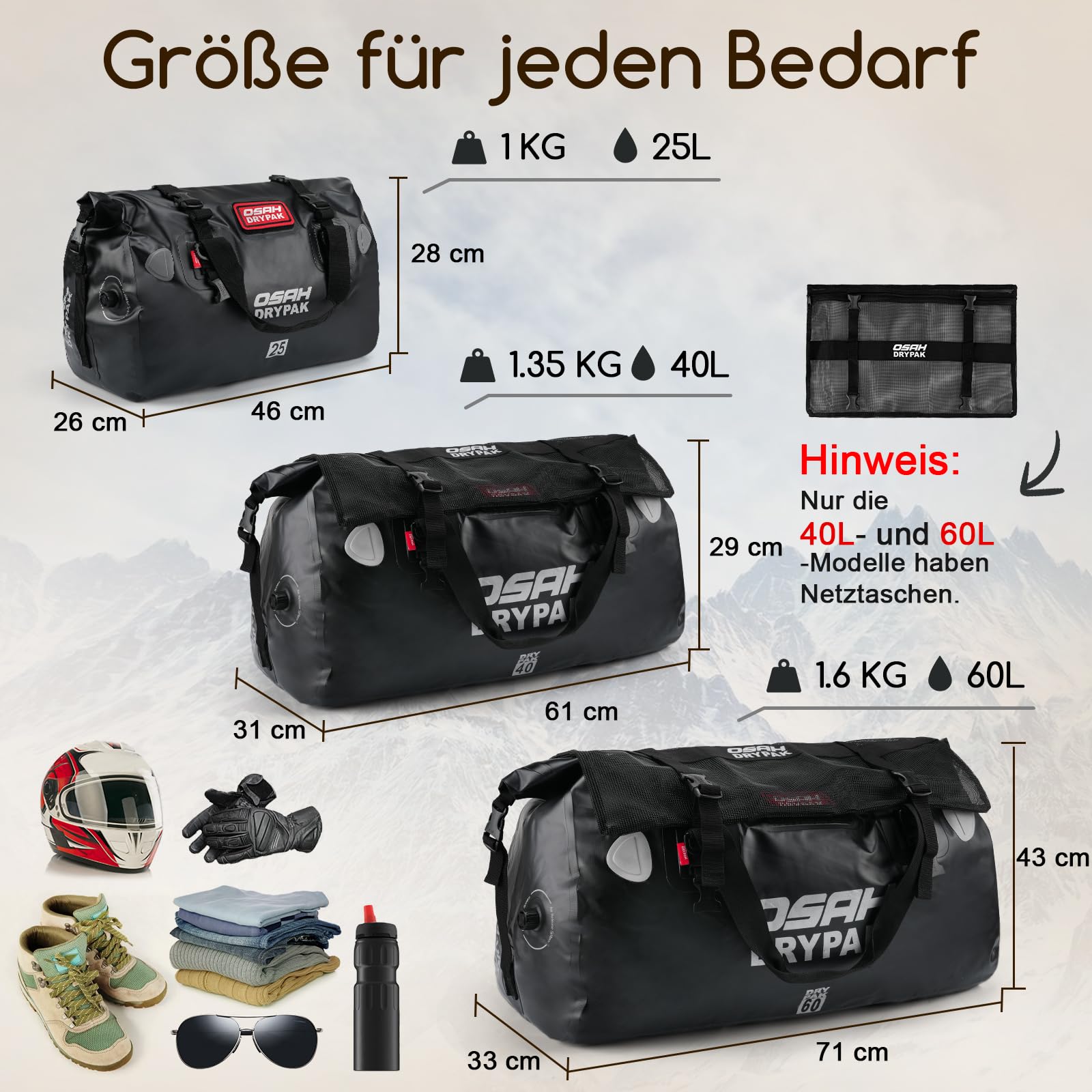 OSAH DRYPAK wasserdichte Rucksack Dry Bag – Wasserfeste Reisetasche Seesack, Rolltop, Großem Stauraum, Vielseitige wasserdichte Tasche für Camping, Motorrad, Bootfahren, Kajak, SUP, Strand und Angeln