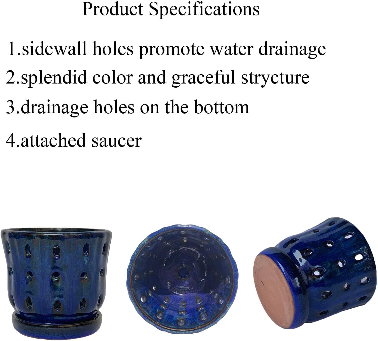 Orchid Pots 4.9 inch Ceramic Orchid Pots with Holes and Draiange Hole Orchid Planter Set of 2 (Dark Blue)