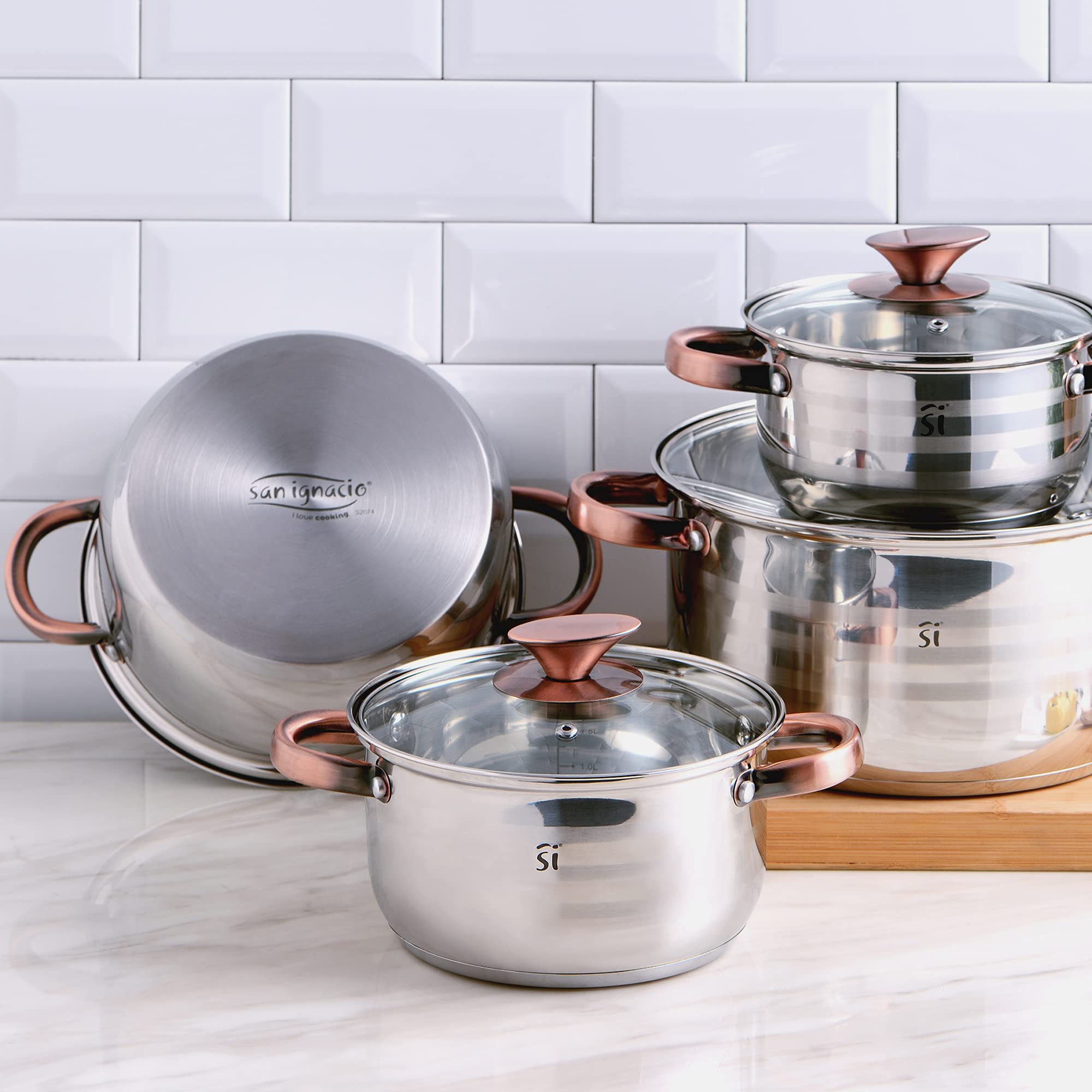 San Ignacio Bateria de cocina 8 piezas apta para induccion Altea en acero inoxidable con set de 4 cuchillos de cocina de acero inoxidable Daimiel