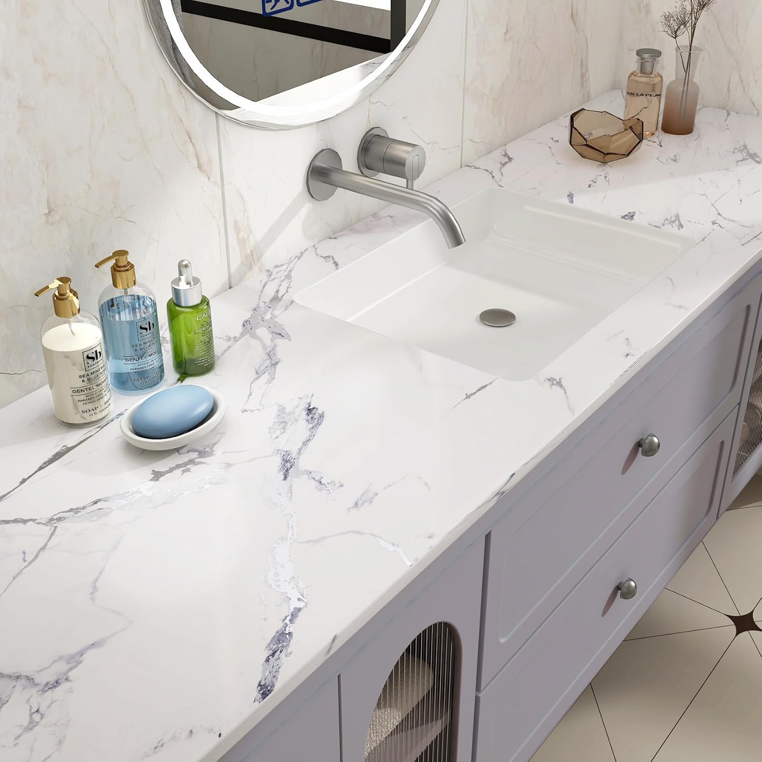 FunStick 60CM×5M Papel Pintado Baño Marmol Blanco Papel Adhesivo para Encimera Cocina Muebles Vinilo Adhesivo Marmol Blanco Plateado Vinilo Autoadhesivo Pared Salón Lavable Vinilos para Muebles Cocina