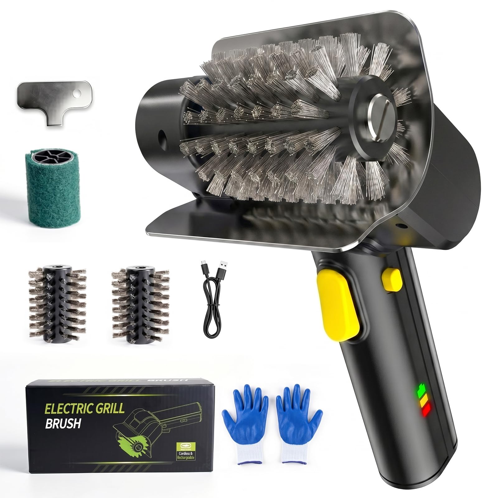 Elektrisches Grillbürstenkabelloser Reiniger mit 2000mAh Akku, 550U/min Motor & Doppelsicherheitsschloss, Kabelloser BBQ Grillreiniger mit 2 Edelstahl-Bürstenköpfen Type-C Ladung für Grillrost