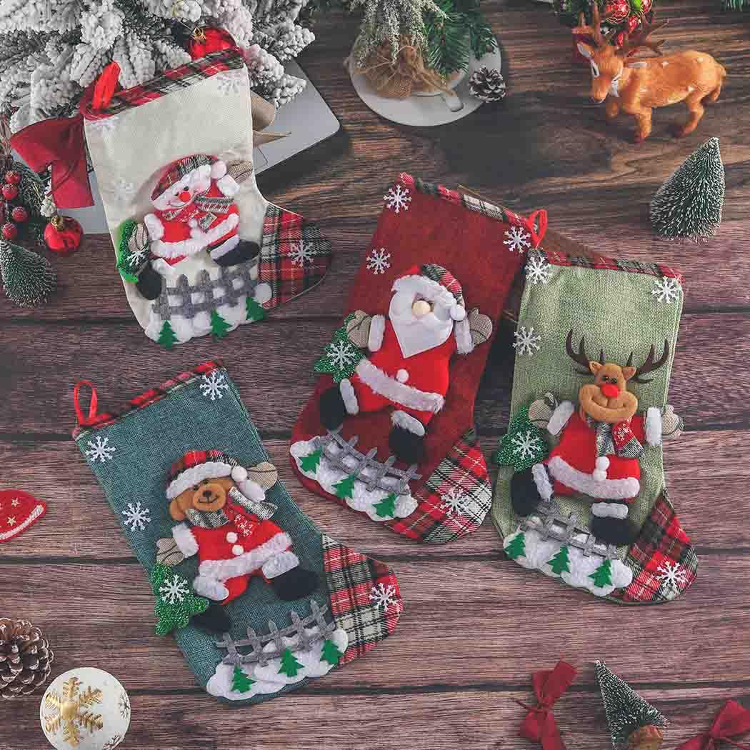 Woeoe 4 calze natalizie da 30 cm, Babbo Natale, pupazzo di neve, calze di iuta per vacanze e famiglia, per caminetto, decorazione per feste di Natale