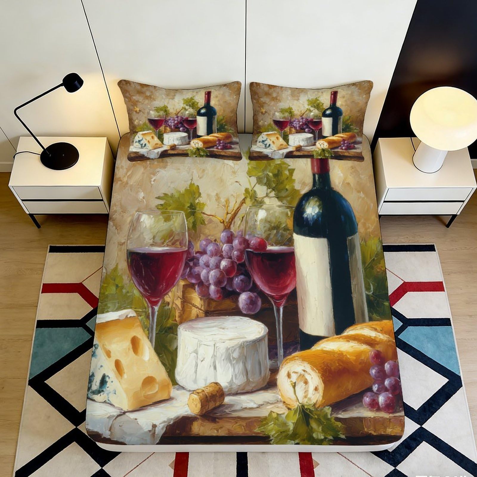 3D Printed Wine Cheese Still Life Fitted Sheet Microfiber Soft Art Bread Grapes Bed Cover for Bedroom Guest Room 90x200x25cm