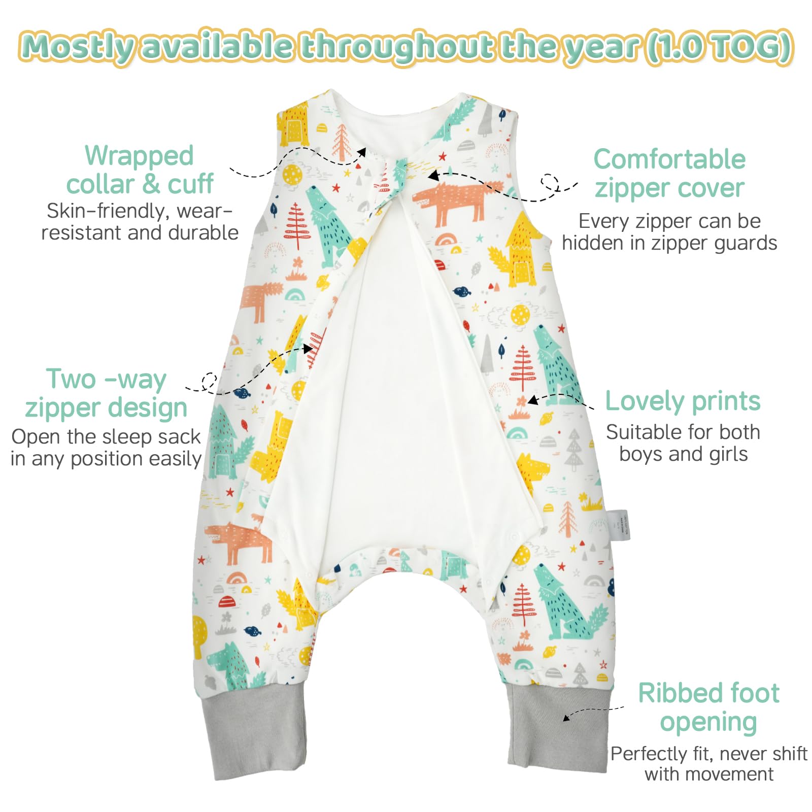 WYTbaby Sacco Nanna con Piedini 100% Cotone Sacco Nanna 1 Tog Tutto l'anno Sacco Nanna per Bambini 2-3 Anni