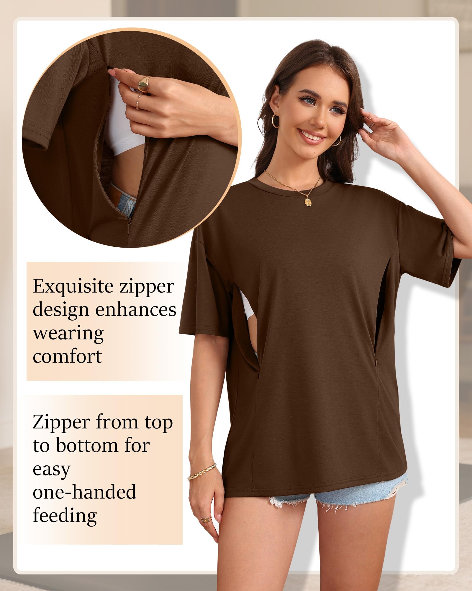 Xuniea Pack de 3 Camisetas de Lactancia Maternidad para Mujer Oversize Manga Corta Cremallera Oculta Corte Holgado