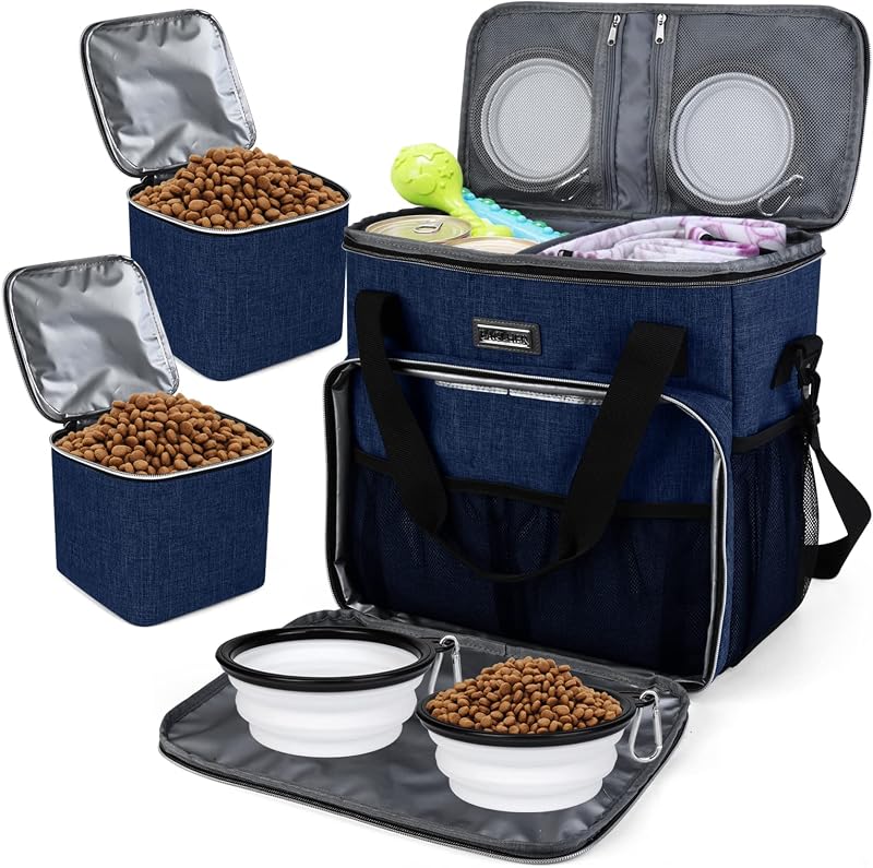 Bolsa de viagem para cães BAGLHER com 2 recipientes para alimento e 2 tigelas de silicone dobráveis, Azul-escuro