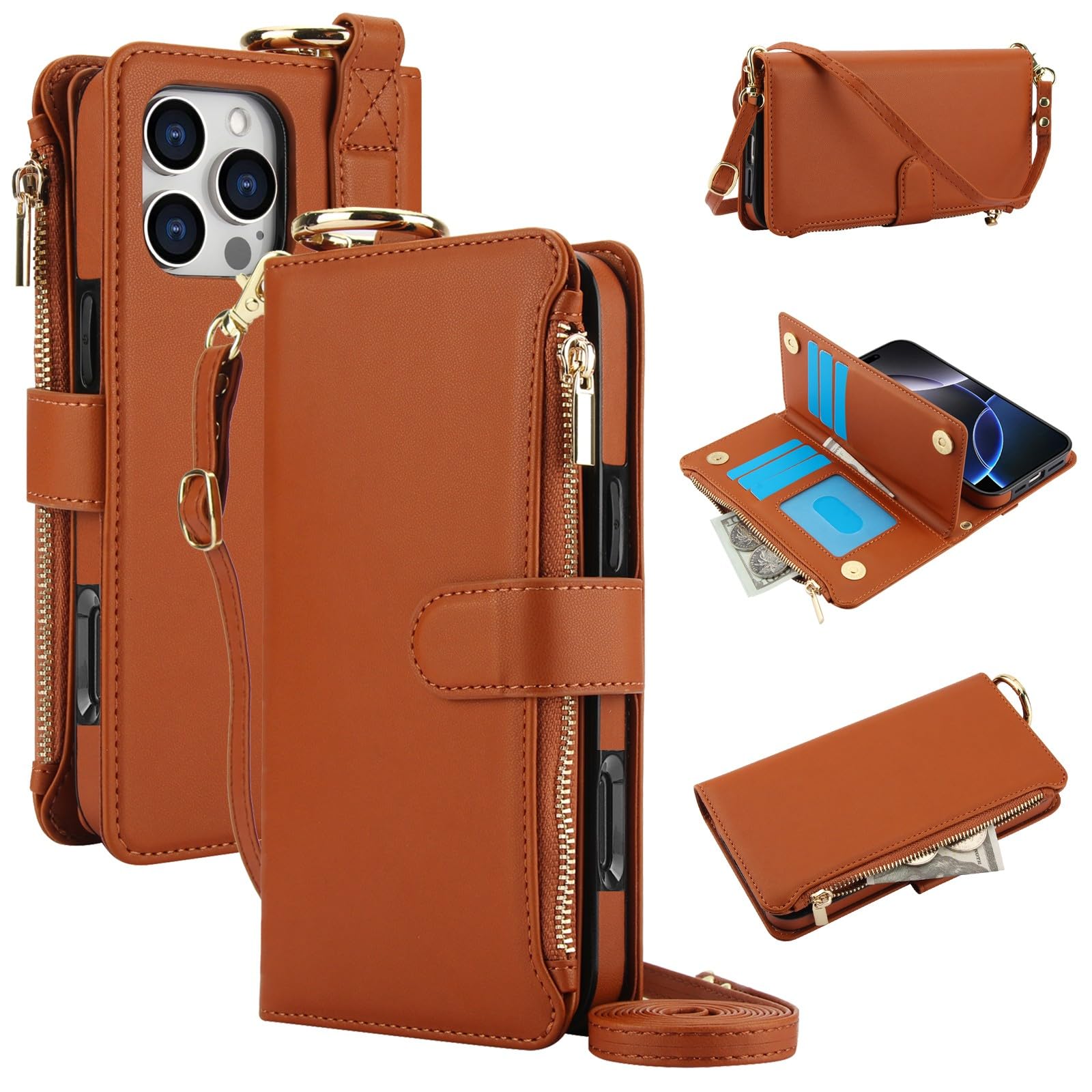 Generic Compatible con iPhone 15 Pro (color marrón) elegante funda de piel multiranura con correa para el hombro
