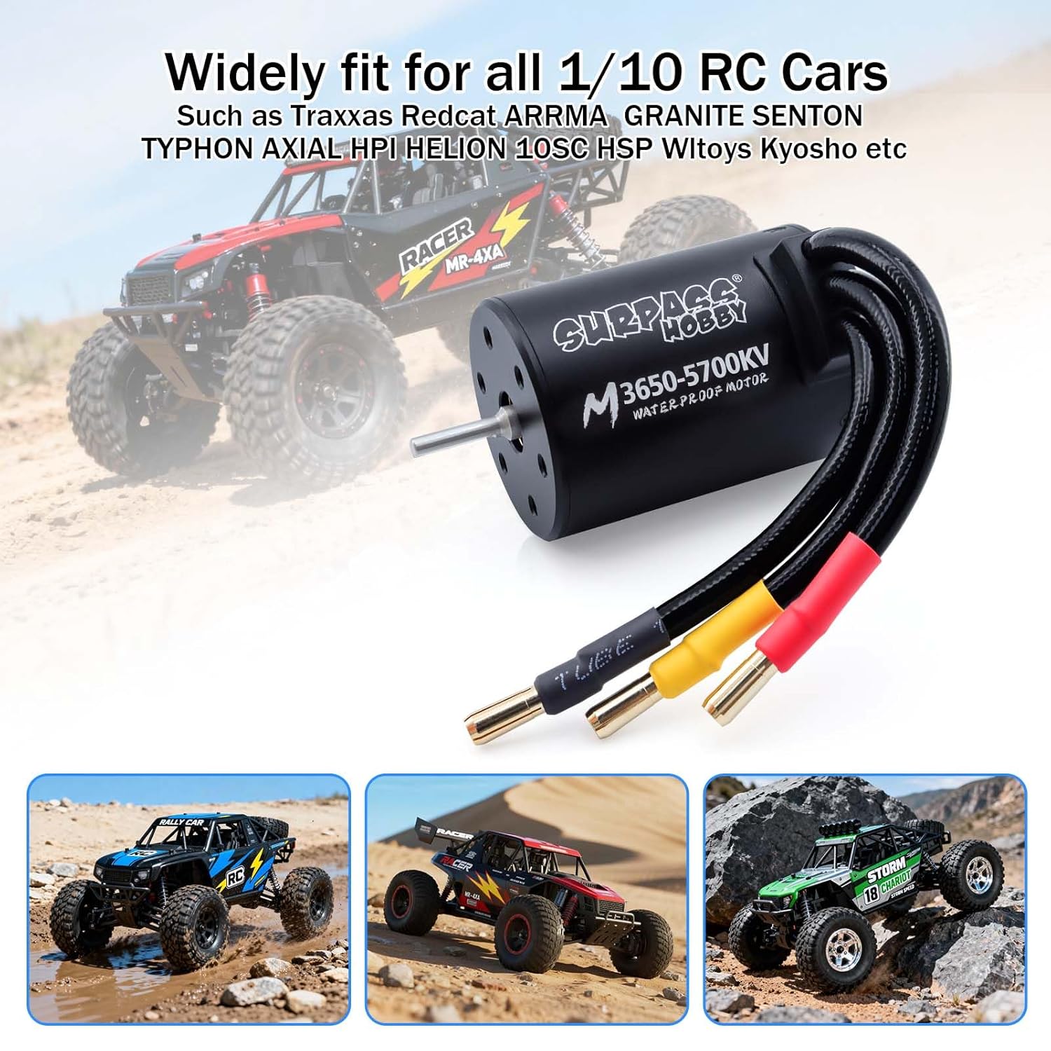 SurpassHobby 3650 5700KV Brushless Motor High Speed Waterproof Shaft 3.17mm Motor and for 1/0 Remote Control Cars Trucks Off-Road Vehicle