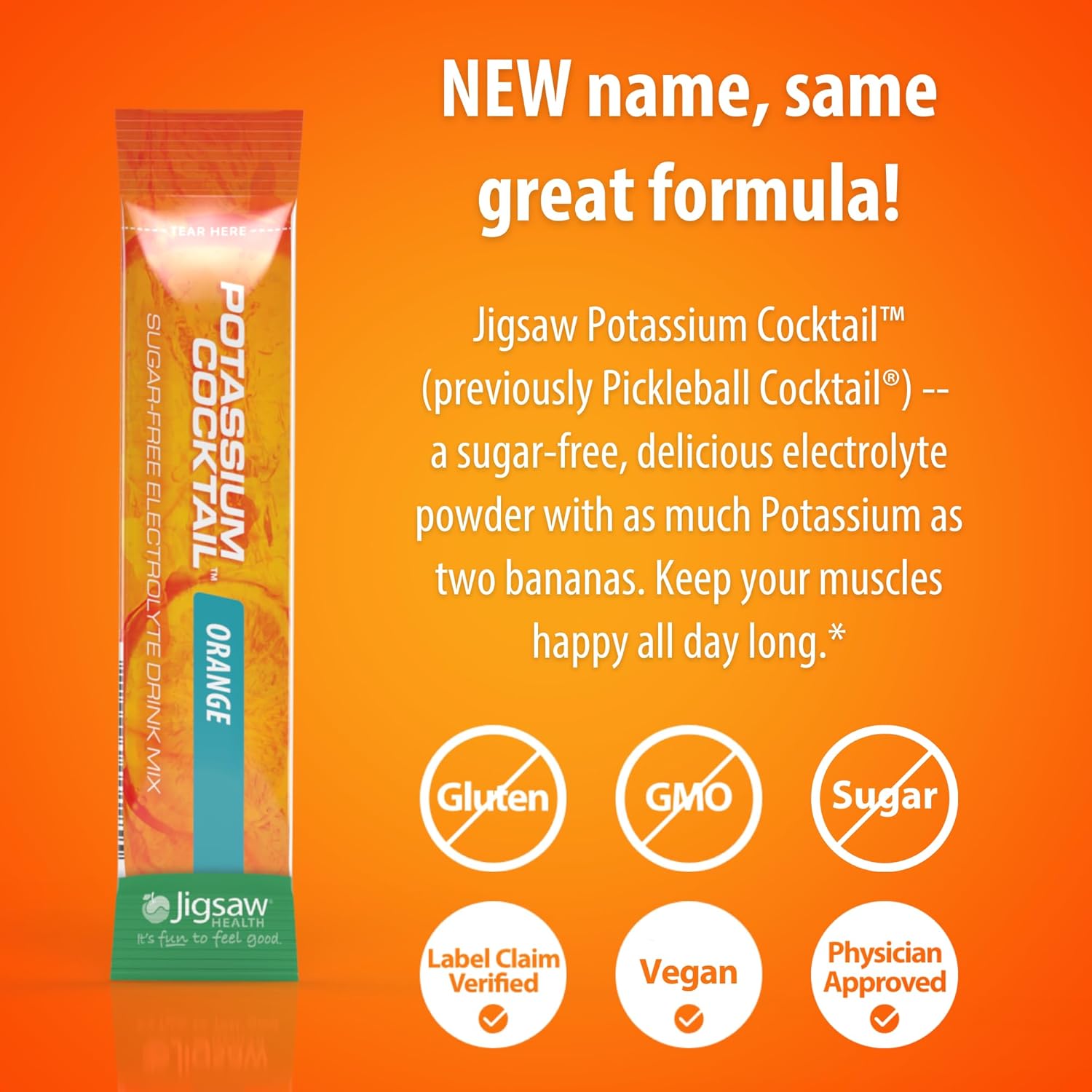 Jigsaw Health Potassium Cocktail | Formerly Pickleball Cocktail | Orange Flavor | 60 Servings (Packets)