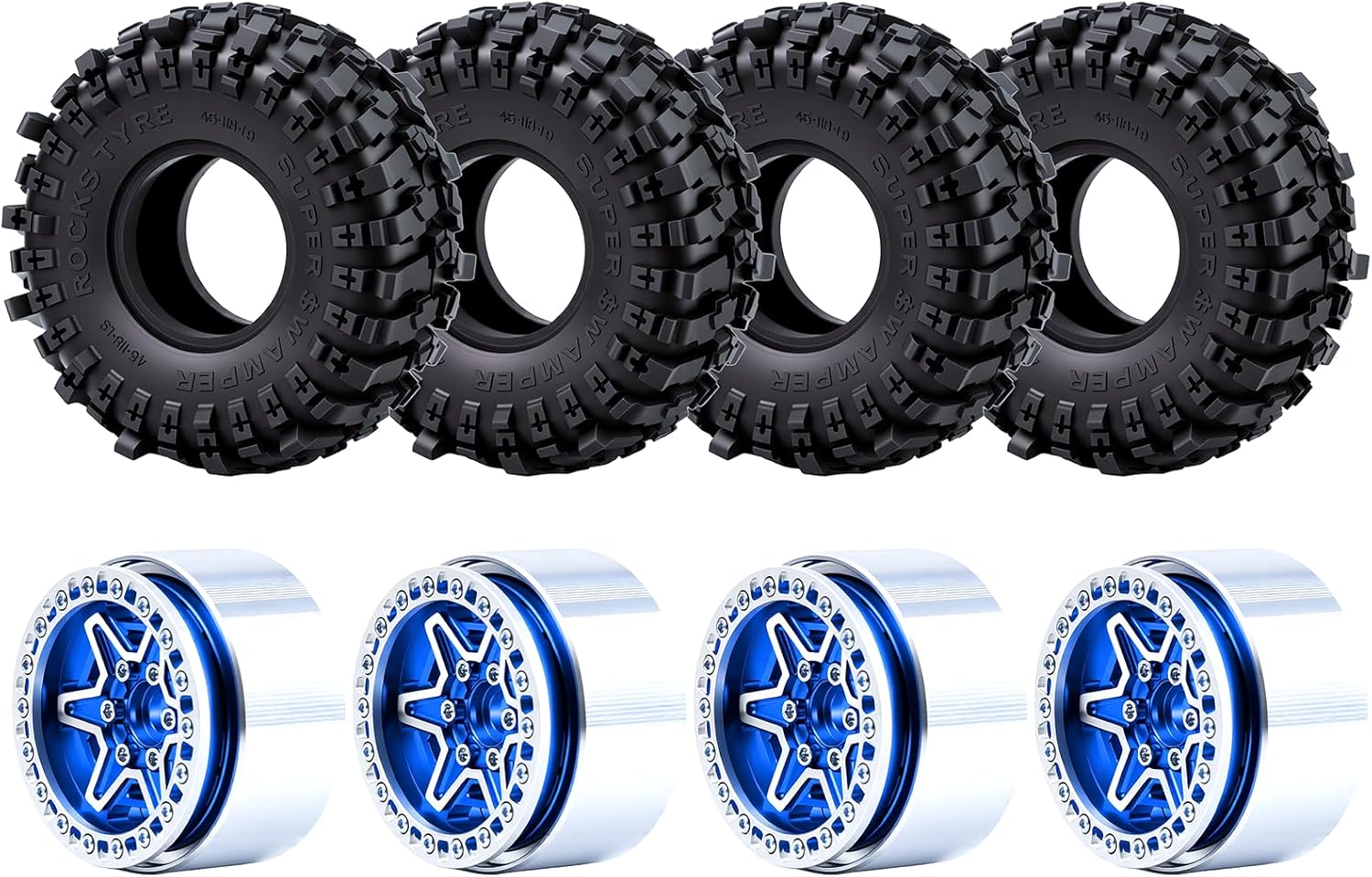 4PCS 1.9Inch Beadlock Planetary Shape Rims and Soft Rubber Rock Tire Set for 1/10 TRX4 SCX10 RC Crawler Car (Blue)