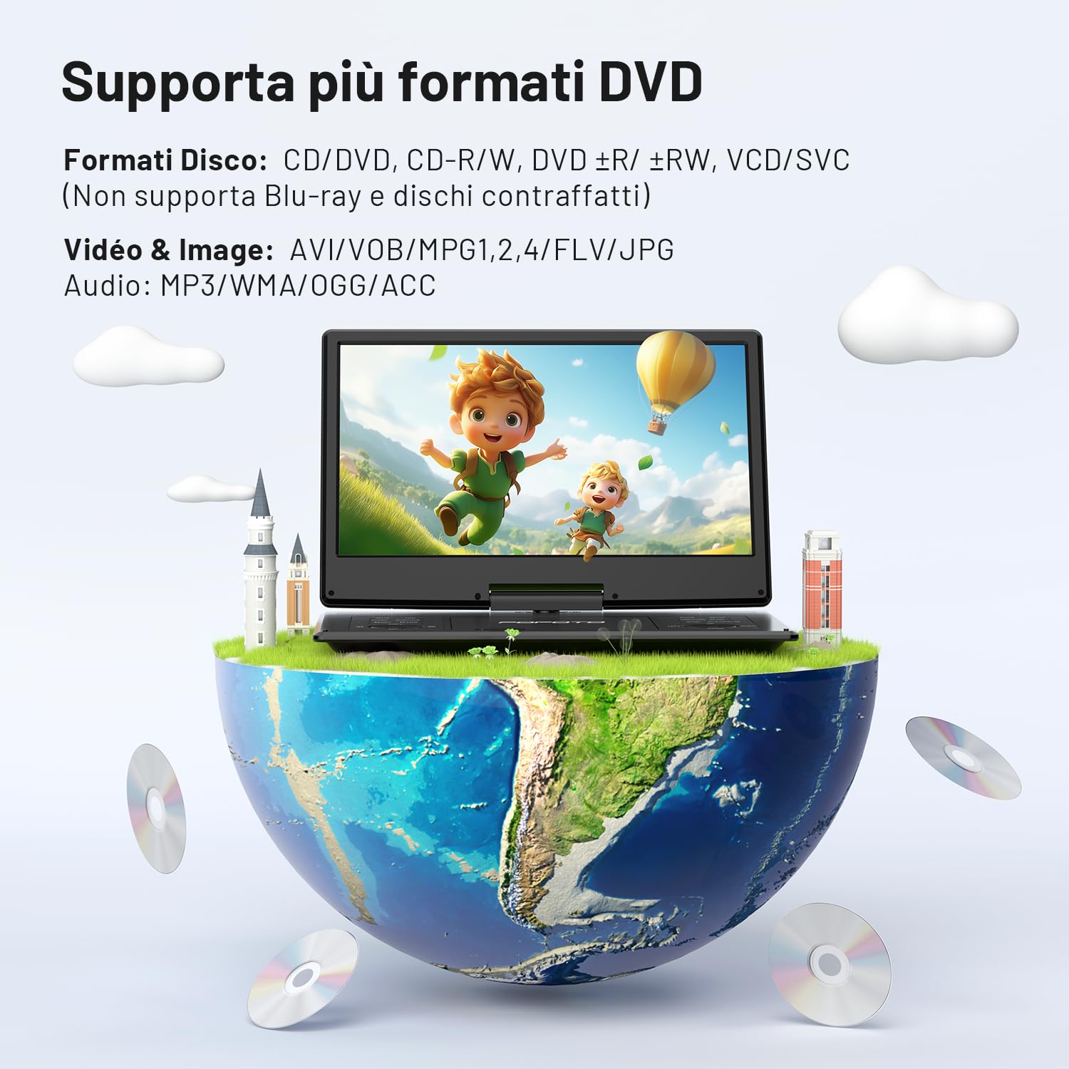 POFOTO Lettore DVD Portatile 15,7'' Schermo HD Ruotabile 14,1'' Batteria 6 Ore Supporto Multiformato Dischi SD USB Regione Libera