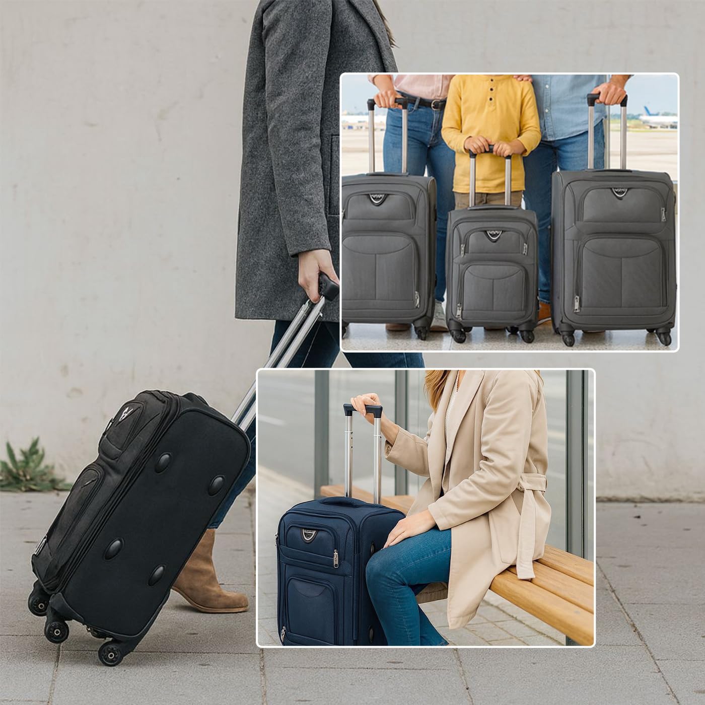 MERCURY TEXTIL - Juego de Maletas 3pcs de Tela (Negro) | con 4 Ruedas Giratorias 360°, Expandible (Cabina, Mediana y Grande), Cierre de Seguridad - Ideal para Viajes y Vacaciones
