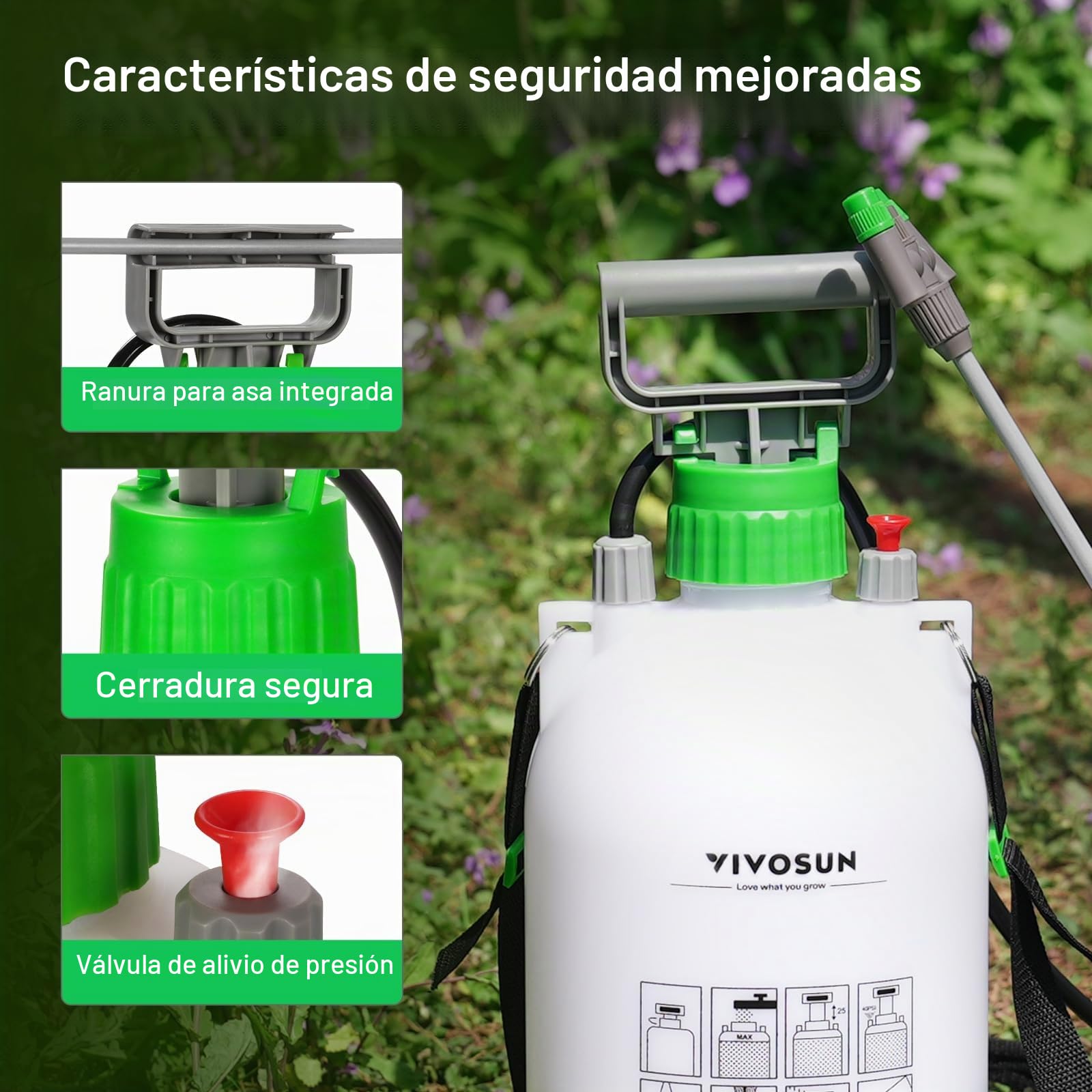 VIVOSUN Pulverizador a Presión Manual De 5 litros con Válvula De Seguridad, 3 Boquillas Y Manguera De 127 cm para Cuidado Profesional De Jardín, Césped, Plantas Y Control De Malezas