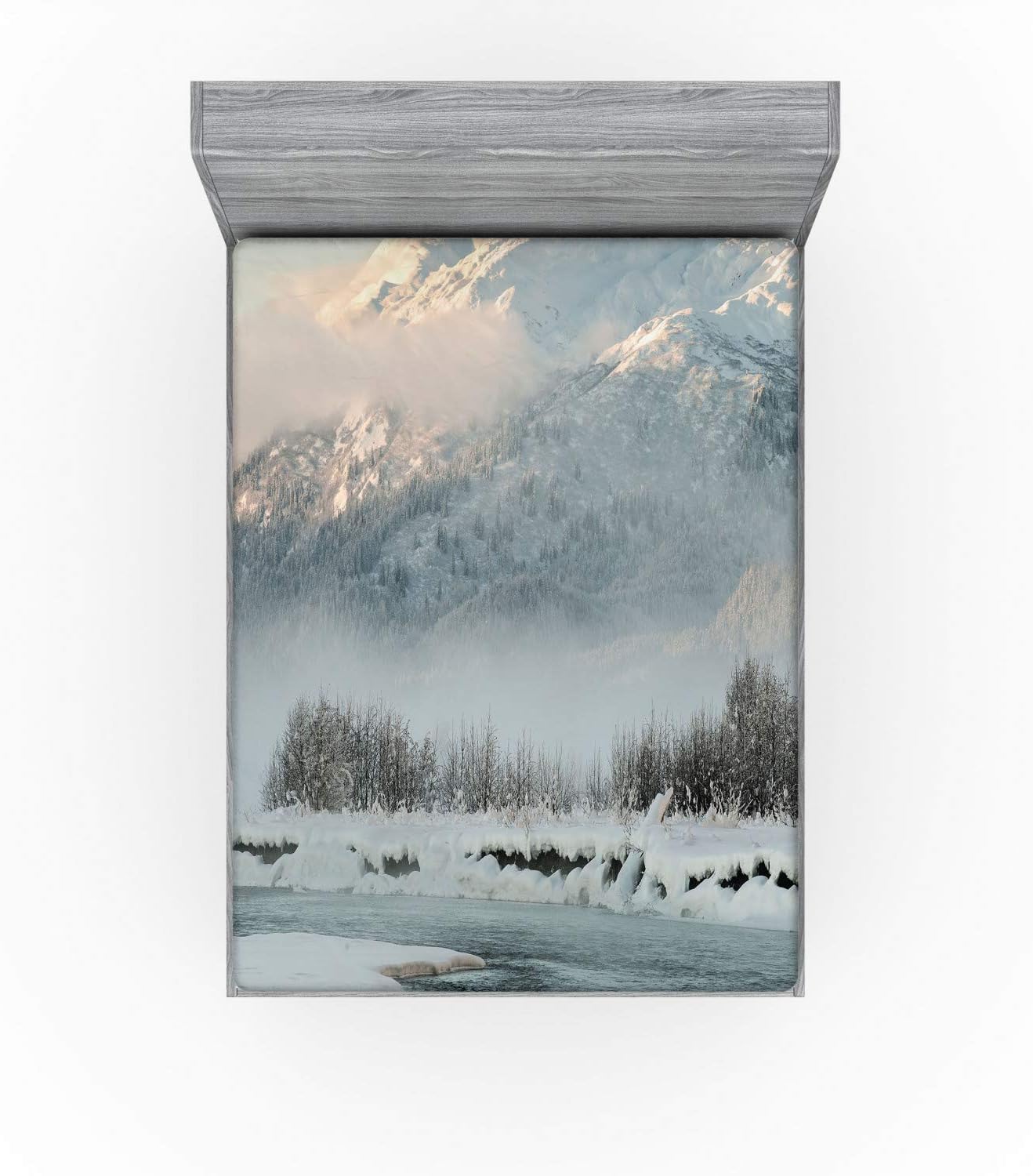 Ambesonne Alaska Fitted Sheet, Chilkat Valley Covered in Snow Winter Season Landscape Idyllic Scene from North, Bed Cover with All-Round Elastic Deep Pocket for Comfort, Queen Size, Grey White
