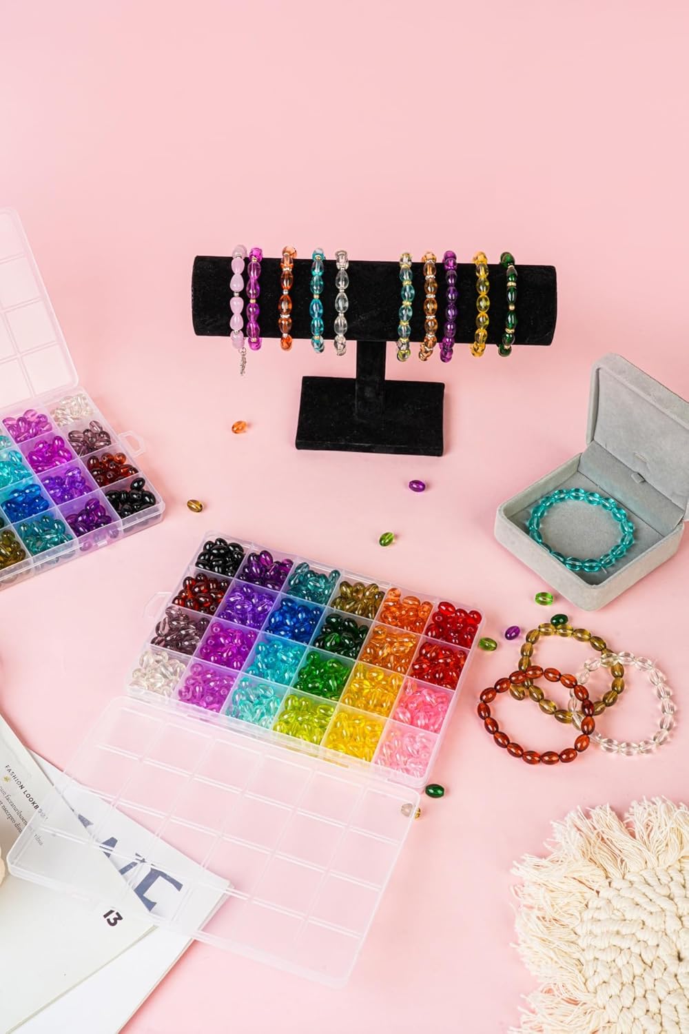 REVKI 8 * 10mm Glass Beads Bracelet Making Kit,500pcs 24 Colors Rice Shaped Natural Bamboo Crystal Beads for Jewelry Making,Teardrop Glass Beads for DIY Necklace Crafts - Image 5