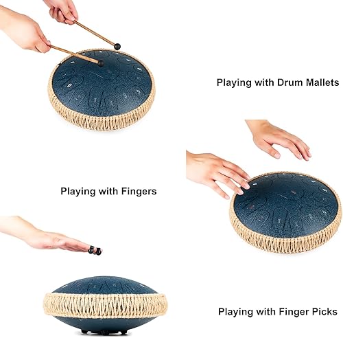 Vista 16 de Tambor de lengua de acero – 13 pulgadas 15 notas – Tambor de mano con libro de música, tambores de mano mazos y bolsa de transporte, D mayor