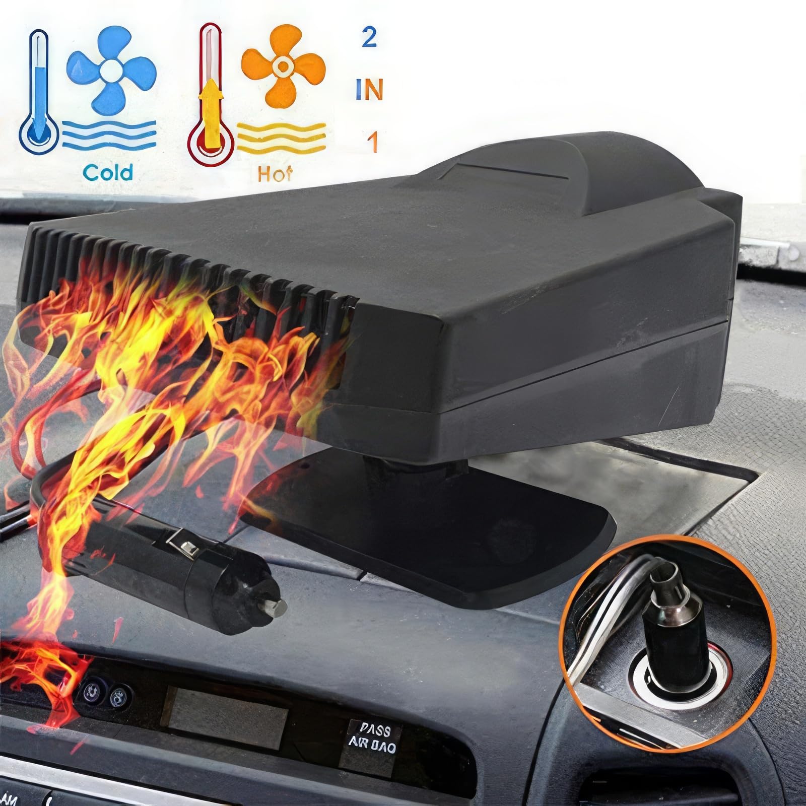 Baceyong Auto Heizlüfter, 200W Auto Heizung 12V Zigarettenanzünder, 2-In-1 Anti-Beschlag Windschutzscheibe Demister Fenster Defroster Lüfter Enteiser, Mini-Heizung mit Luftreinigungsfunktion