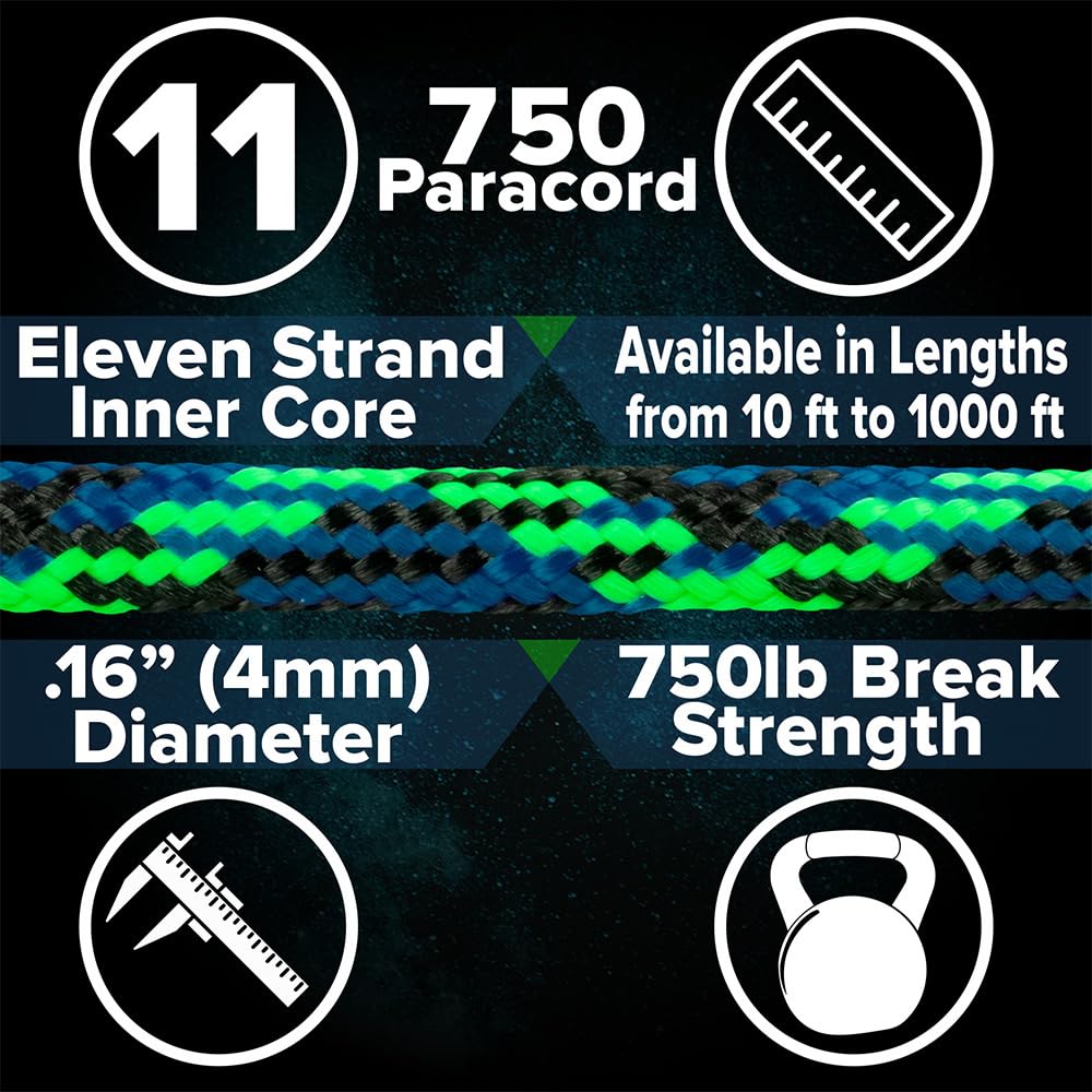 Paracord Planet 750 Paracord - Typ IV Mehrzweck-Nylonschnur mit 11 Strängen Innenkern - Schwarz, 300 m